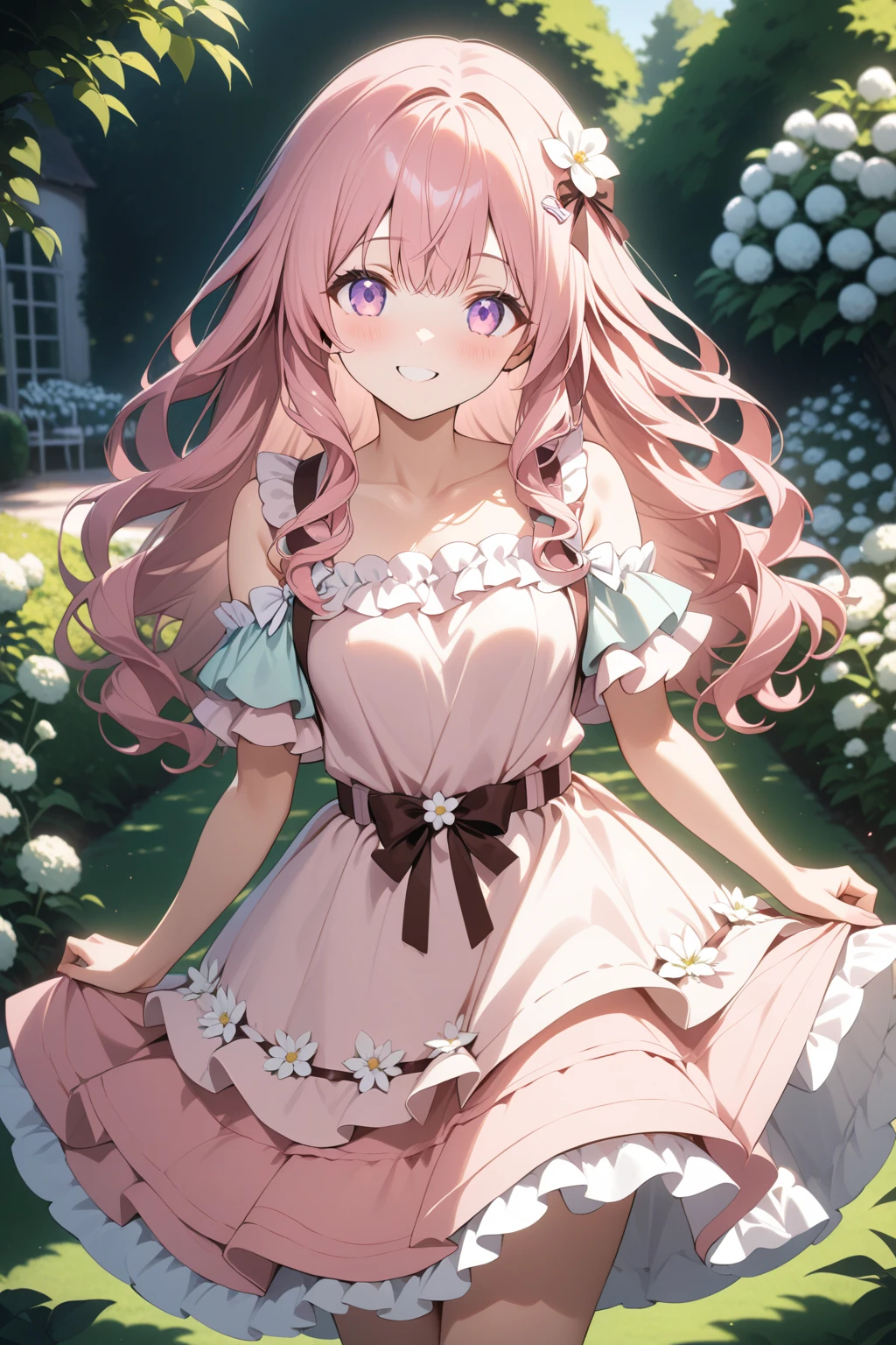 (leaning over:1.4), (masterpiece:1.2, best quality), (real picture, intricate details), 1girl, solo, absurdres, cowboy shot, standing, outdoors, :3, smile, bear girl, bear ears, ((light pink dress)), white thighhighs, platinum blonde hair, gray blue eyes, long hair, strawberry choker, smile, open mouth, one fang, large breasts, cleavage, sleeveless dress, arms behind back,