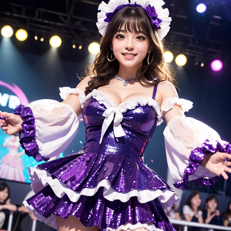 Raw photo、A girl stands on a large raised stage、big breasts、concert venue、singing and dancing)bright smile(17 year old girl、small face、very beautiful face、idol makeup)(((super fair skin、Whitening skin、pure white skin))) realistic skin(sparkling eyes)big breasts、thin waist、long legs、big ass (red hair、long straight hair、hair behind ears、beautiful hair、smooth hair)She performs a solo on stage(((Kunoichi、Ninja costume with detailed, beautiful and colorful patterns、超big breasts))))Ninja house background((The atmosphere is colorful concert lights,Upper Light、 Create a seductive glow around her))Her adorable look、shot from below、full body description