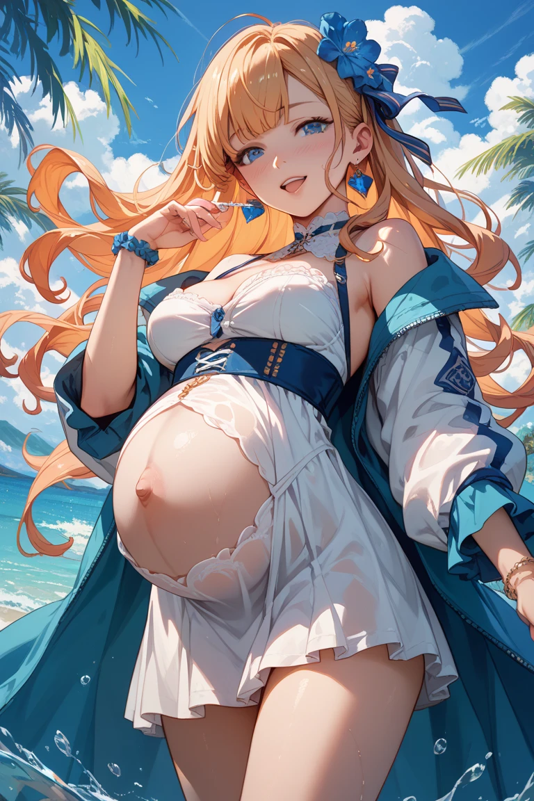 art by Cornflower, dreamy, (a beautiful teen-aged girl,anime-style girl,eBlue eyes,cabelos preto e longos,Dressed in light yellow,shiny,longer sleeves,open chest,Long skirt swimsuit,Pink big breasts,white colors,and yellow,The heart poses above,both hands on hip,In front of the beach and bright blue sky,There are clouds above,There are palm trees in the background on both sides of the picture,There are also a lot of blue and yellow fish swimming around in the sea,There was also a lighted police helicopter flying over the girl's head)Pregnant belly, maternity attire for pregnant women,maternity dress,pregnant belly,Pregnant belly