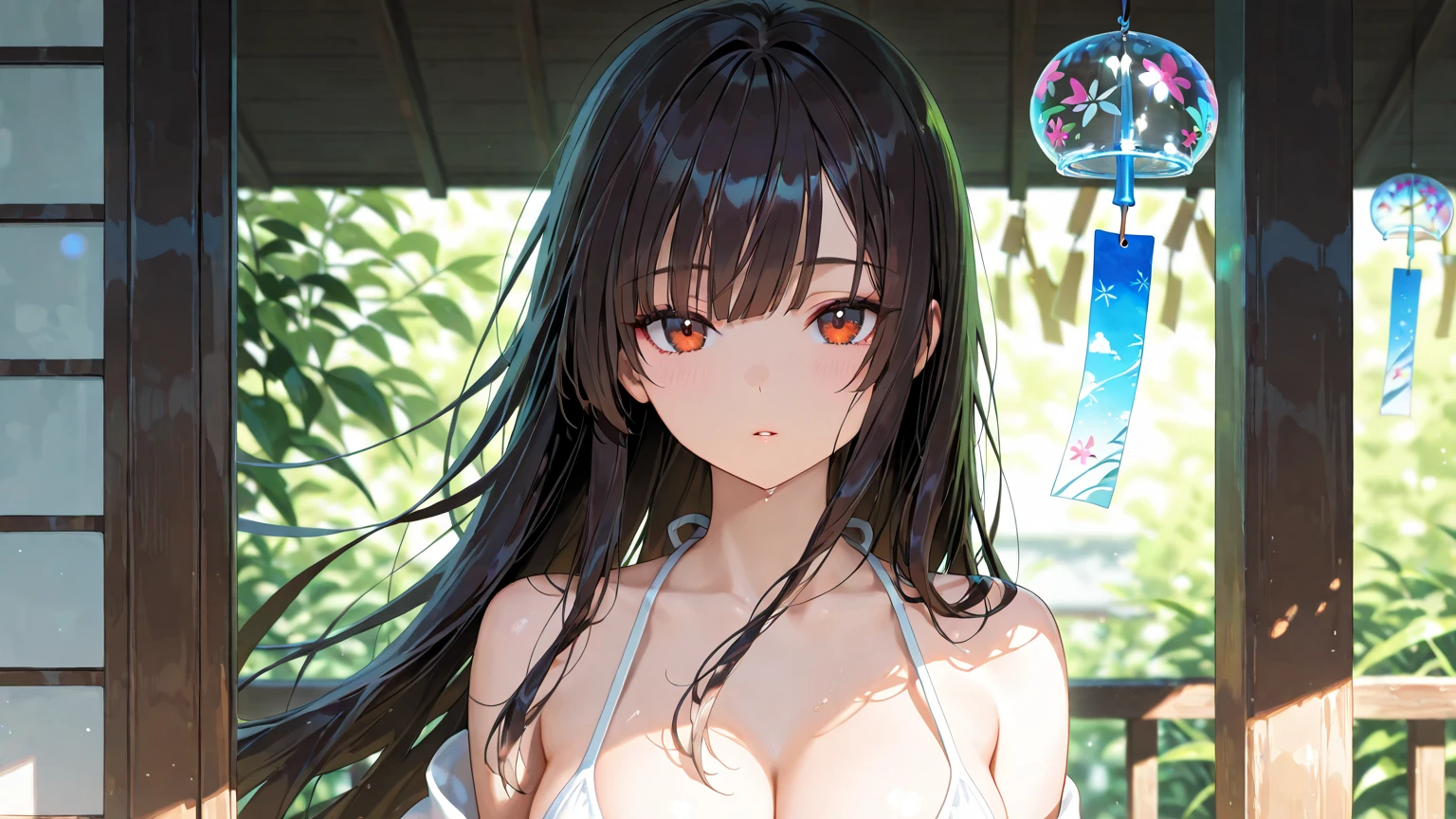 ((Nezuko Komado)), black hair, pink eyes, (shiny skin), metallic gold bikini, huge breasts, beautiful face, sexy pose, gold elements, golden lake, stars, space, (lightroom:1.13), soft light, (natural skin texture:1.2), (hyperrealism:1.2), sharp focus, focused, (((arms behind back))), photorealistic, detailed coloring, detailed high quality, chromatic aberrations, ultra detailed quality skin, detailed ray tracing lighting, minimal, gold and pink monochromatic color palette, ulzzang, (((cleavage))), (((Portrait))),