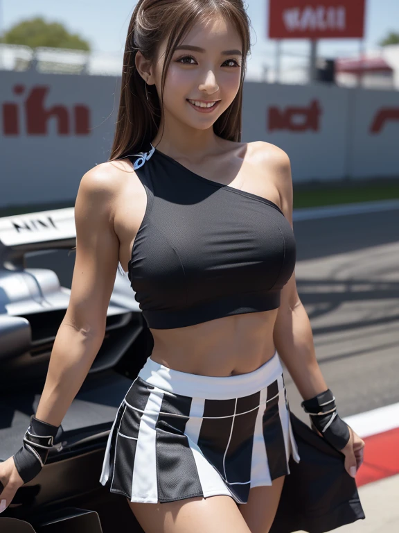 (((one shoulder gridgirl costume))),(((armpit))),(((midriff peek))),(((show underboob ))),(((bare inner thigh))),(((show Formula One car))),ulzzang-6500-v1.1, (Raw photo:1.2), (Photo realistic:1.4), a beautiful detailed girl, extremely detailed eye and face, beautiful detailed eyes, ultra-detailed, High resolution, top-quality, masterpiece, highly detailed, 8k wallpaper, Wonderful, finely detail, top-quality, Light on the face,电影灯光,1girl in,(auto race track),Beautiful eyes,smile,Opening Mouth