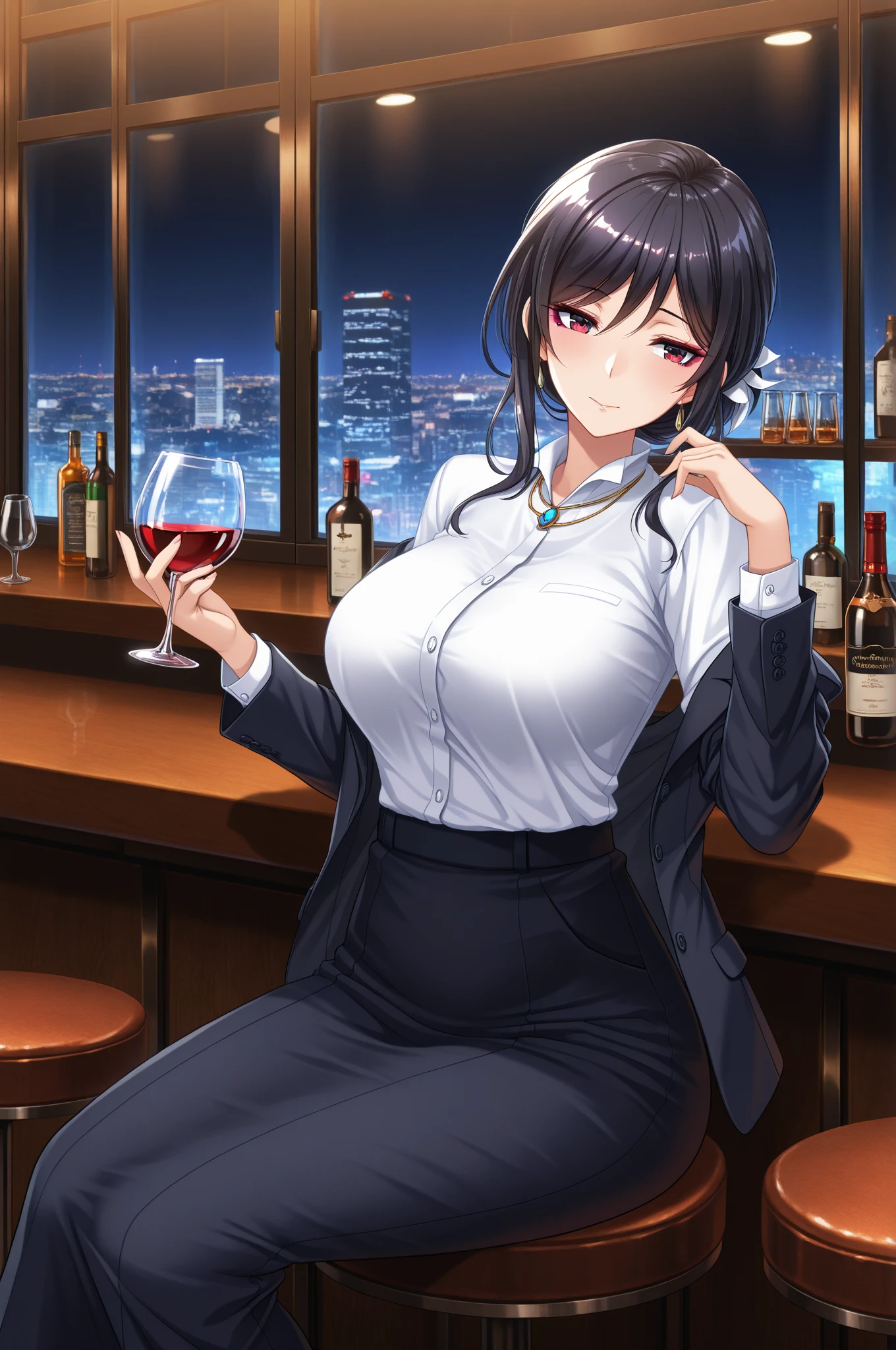 (Sad expression wife),A woman mature and sexy,Delicate face,Sitting at the bar with a glass of wine，A cautious expression，Black skirt， (black hair),(Eyes with large blue irises,,(Large Breasts),Big buttocks,(5 feet tall)), Pop music (masterpiece, best quality:1.1),