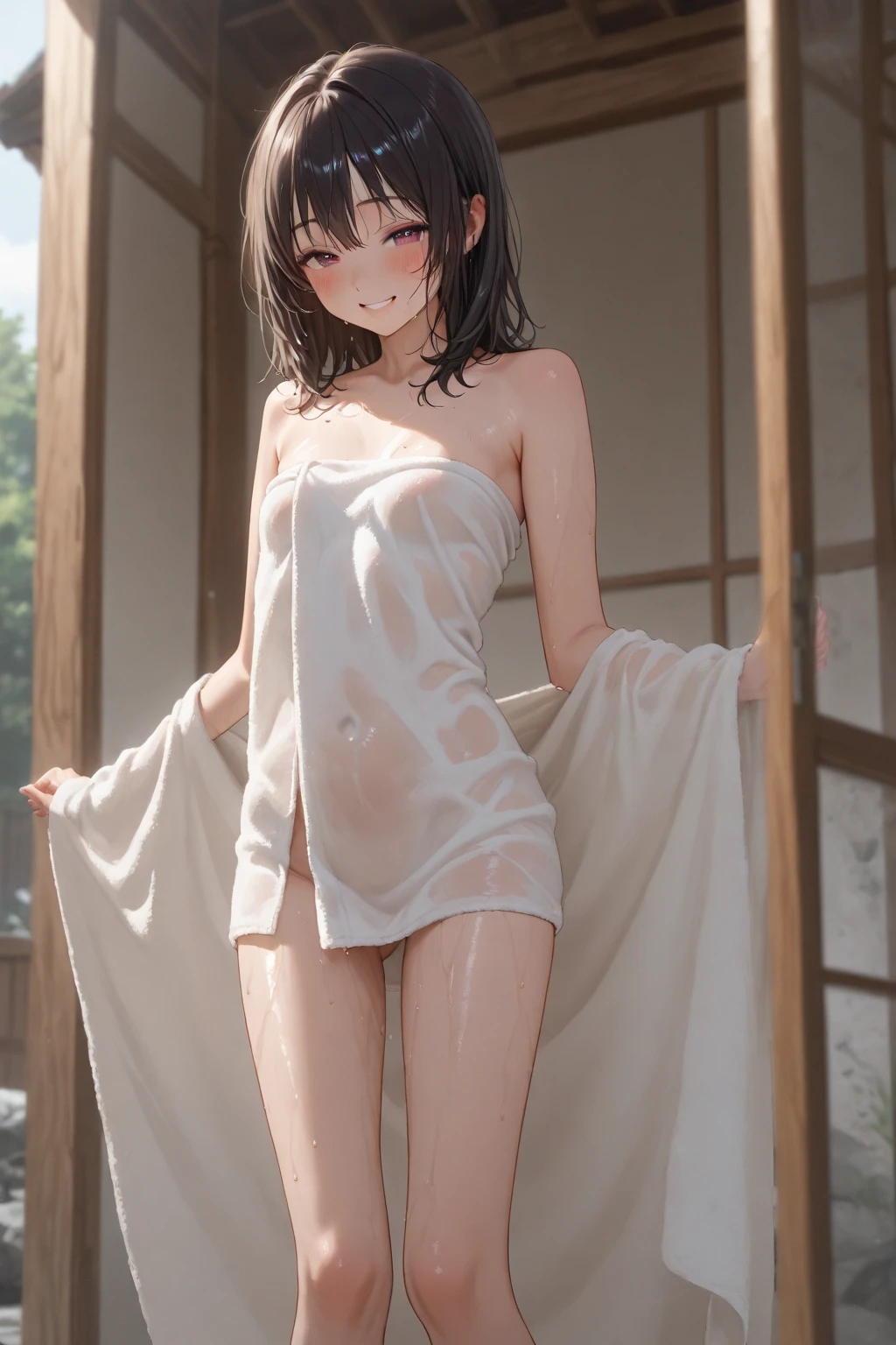 (8k、RAW photo、highest quality、nsfw、masterpiece:1.2)、(real、photorealistic:1.2)、(ultra high resolution)、(Super detailed)、incredible absurdity、master piece、(Pee、standing pee:1.5)、(Completely naked:1.5)、(detailed facial features)、(detailed shiny eyes)、(Amazingly beautiful 11 year old girl:1.4)、 beautiful girl、(Completely naked、not wearing anything、nothing attached)、(camel toe、camel toe、vulva:1.4)、(full nude:1.5)、perfect golden ratio face、perfect lighting、small but perfectly shaped breasts、small breasts、Silky shiny hair、Thighs soaking wet with Pee、(pink nipples)、small firm chest、Breasts that don't sag、Nipples are close to the center line of the body、The cleavage is not open、Pee flowing down my thighedium straight hair、smile、thin pelvis、thin legs、background visible from between the legs、legs open、photon mapping、professional lighting、strobe、Photographed using a reflex board、shining white skin、Hands are on the sides or behind the body、background:noon、green tree々is overgrown、rapids deep in the mountains、very clear river water、There are many huge rocks、