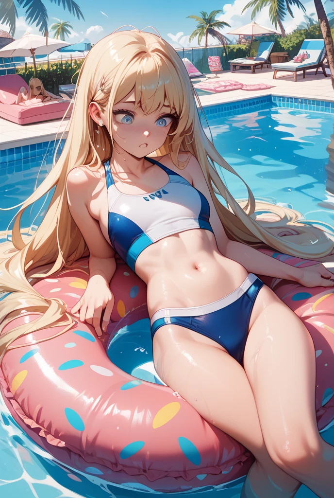 (masterpiece、highest quality、Super detailed)、1 adult lady、Perfect hands、Perfect Fingers、Perfect legs、blonde long hair、Glowing Skin、((brown skin:1.5))、Mid-chest、((Swimwear))、barefoot、very thick leg、lying、midriff peek、Bangs between the eyes、(Big round eyes:1.4)、