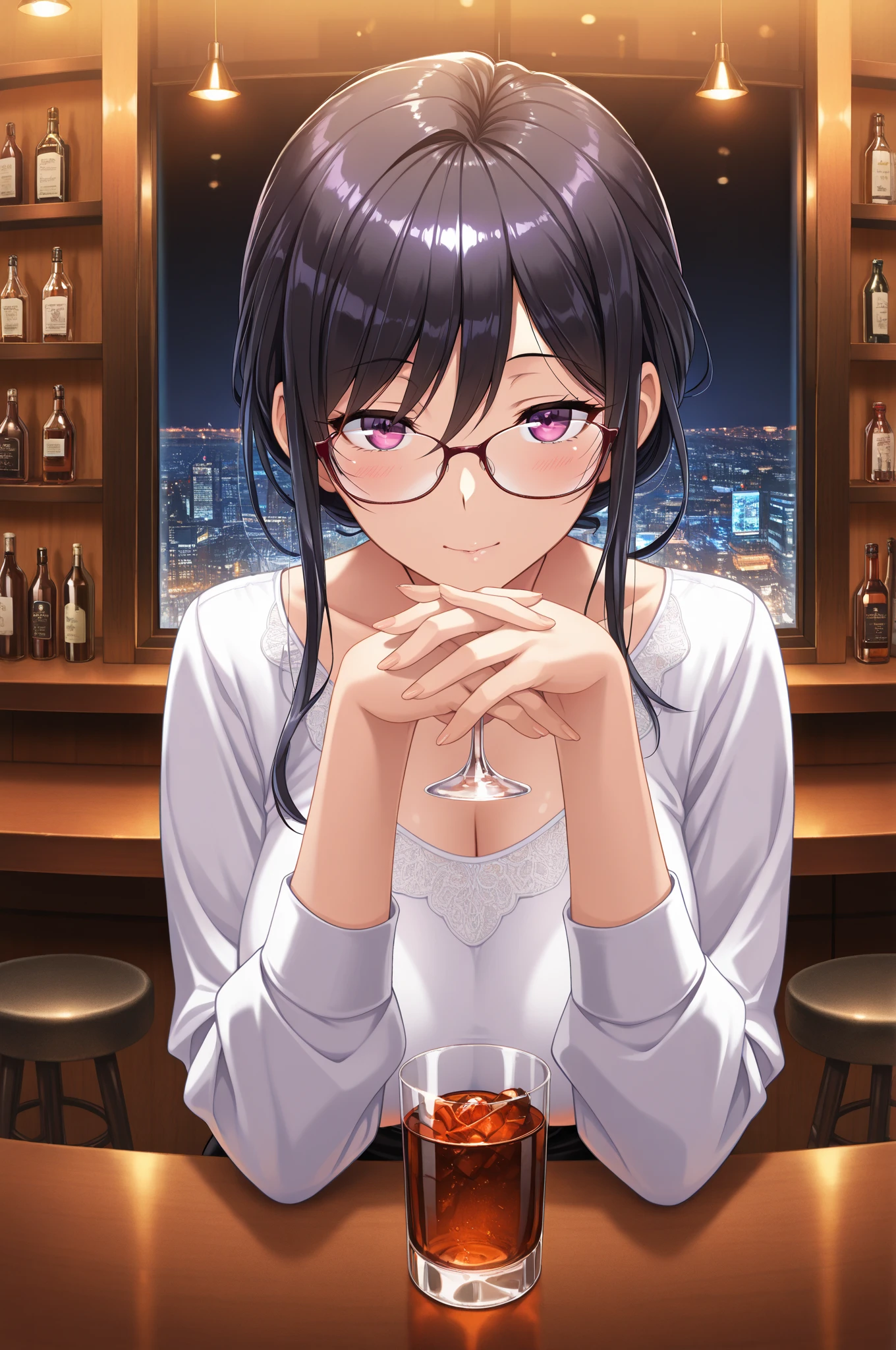 side angle, plastic frame eyewear、Upper Body, Realistic, real person, (pale skin: 1.2), RAW photo, photorealistic, shiny skin, shiny hair、(25 year old woman with bangs) and (ponytail) and (black hair) and (purple eyes) , (White T-shirt) 、open mouth, angry, The background is the interior of a restaurant at night.、Alone、Are standing