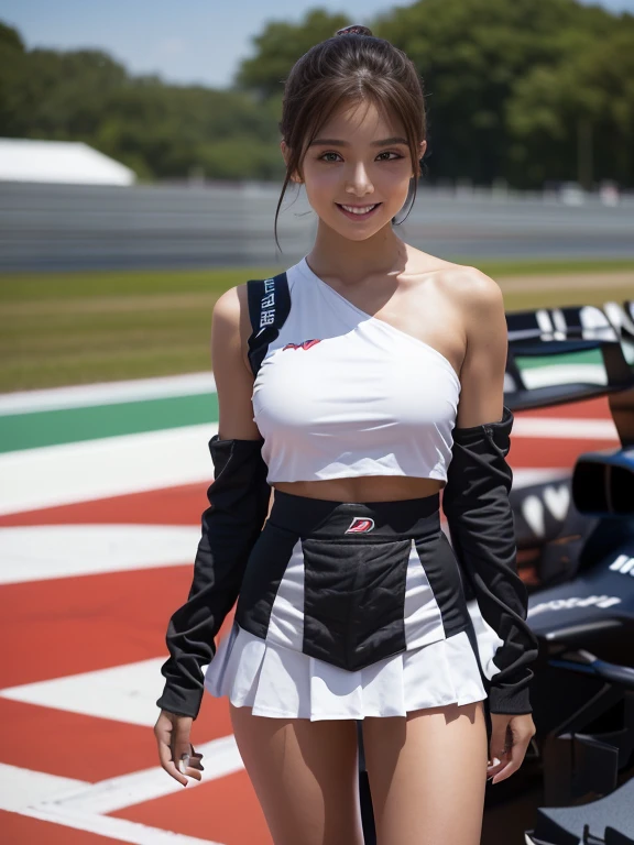 (8K, Best Quality, Masterpiece: 1,2), (Realistic, Photorealistic: 1,37), Best Quality, Masterpiece, Beautiful Girl, Smile, Hair tied with slight bangs, Realistic, SFW, Beautiful Japan Girl, ((Best Quality, 8K, Masterpiece: 1.3)), Sharp Focus: 1.2, Beautiful Women with Perfect Style: 1.4, Slender Abs: 1.2, ((Dark Brown Hair, Big: 1.2)), (Natural Light, Stadium: 1.1), Highly Detailed Face and Skin Texture, Detailed Eyes, Double Eyelids, Black Hair, Soft Middle Hair, Colorful Volleyball Costume, Flared Skirt, Full Body, Small Face, Sexy