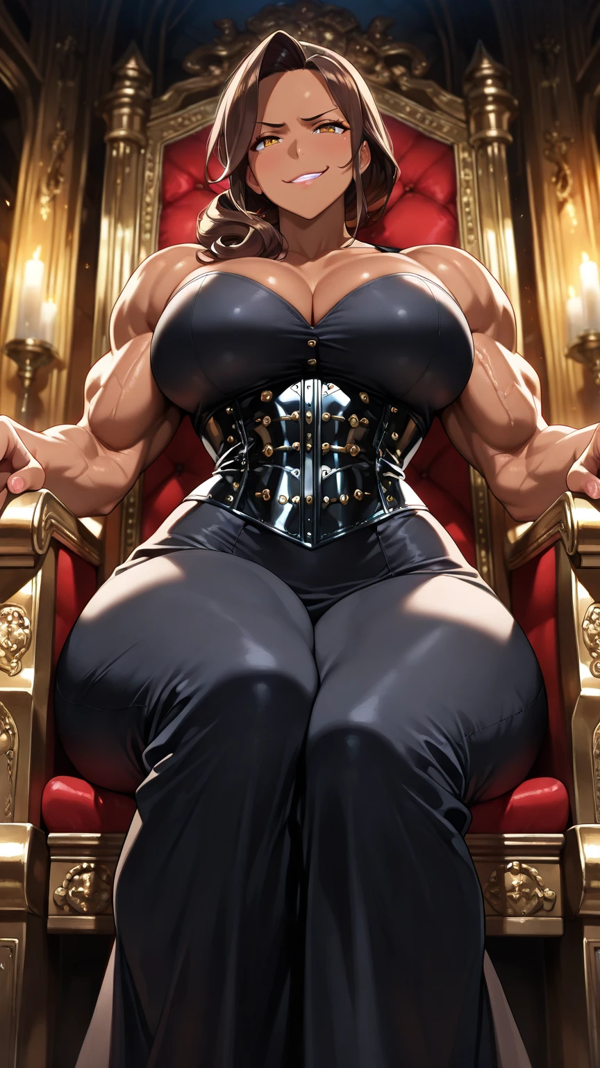 Main: Kitami Reika, mature female, 40 yo, blonde hair, short hair, lipstick, makeup, black eyeshadow, smokey eyes, blue eyes, jewelry, cross earrings Clothes: black corset mini dress, white labcoat, black thighhigns, pump shoes (or highheeled boots). Optional: detailed hair, ultra detailed face, blue eyes, perfect eyes, perfect face, Large Breasts, cleavage, curvy, big ass tricky glance, smirking (masterpiece), nude, naked, best quality, muscular woman, legs spread open, woman with well marked muscles, toned muscles, hyper muscular, massive muscles, massive shoulders, massive biceps, muscles bulging, gigantic muscles, extreme muscular, muscles, big muscles, muscle mommy, muscular female, Bulky, Bodybuilder, HyperMuscle, massive breasts, well defined abs, big tits, massive tits, fake tits, erect nipples, legs spread, legs spread open, tight clothing, hands press breasts, hands squeezing breasts, massive muscles, massive shoulders, massive biceps, muscles bulging, gigantic muscles, extreme muscular, Reika Kitami