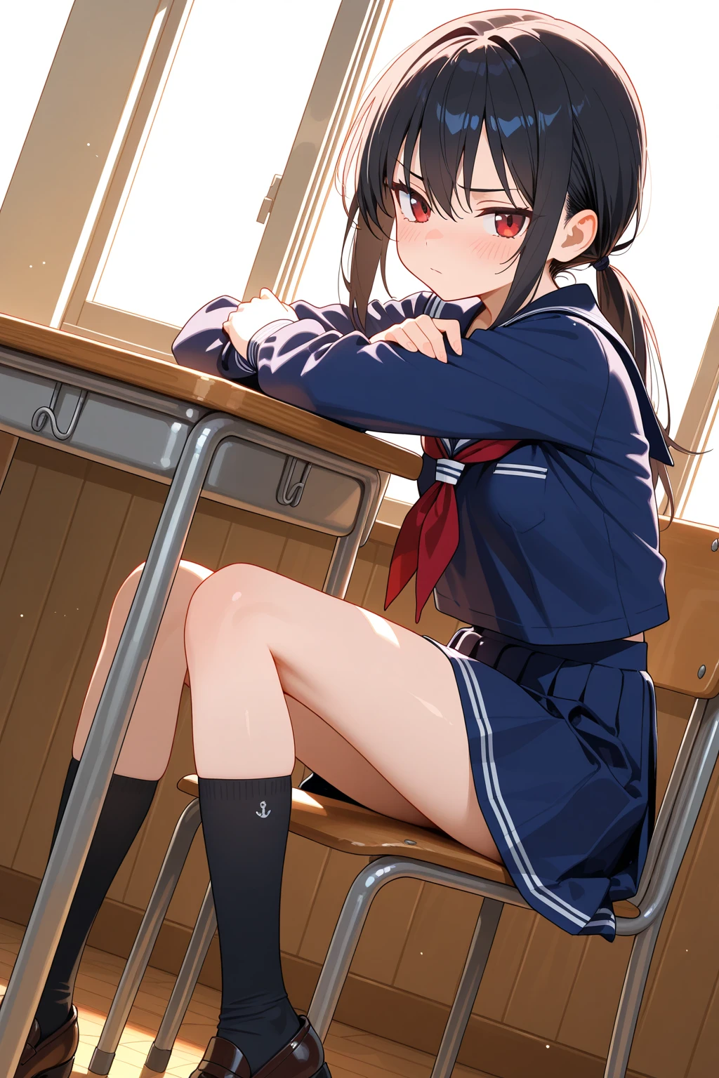 super fine illustration, solo, dynamic angle, an extremely cute and beautiful girl, highly detailed beautiful face and eyes, (masterpiece:1.2), (best quality:1.2), wallpaper 8k CG, very precise detailed, highres, look at viewer, 1girl, junior hightshool student, (loli), 14yers old, extremely delicate and beautiful girl, a extremely delicate and beautiful girl, anime screenshot, rembrandt lighting, Kyoto Animation style, medium long shot, girls' Front, solo focus, (sitting, sitting on the desk, desk, school desk, overlap her arms in front of her body:1.3), extremely detailed body, neat figure, girlan extremely delicate and beautiful girl, young girl, detailed long hair, parted bangs, long dark brown hair, beautiful detailed hair, clear face, grin, bright pupils, closed mouth, delicate arms and hands, flat chest, slim legs, black eyes, authentic skin texture, (serafuku, black clothes, black serafuku, red lines, skirt lift, lifted by self, panty shot, panties, true white panties, pee stain panties, bow panties:1.3), socks, BREAK, indoors, (classroom, window, chair, a girl is sitting behind her, school chair, bright:1.3), cinematic lighting, refined rendering, Gorgeous and rich graphics, extremely detailedmasterpiece, detailed and intricate, kyoushitsu,lolipan,mesugaki