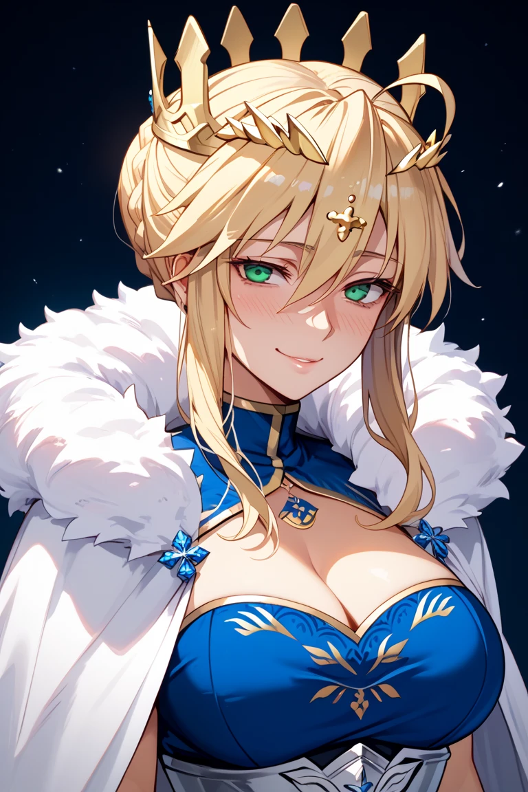 Artoria Lancer, mature woman, elegant, blonde hair, green eyes, casual clothes, crown, white cape, fur trim, portrait, head to bust, 4k resolution, high quality, castle interior, face focus, (((masterpiece))), blue outfit, sleeveless, bokeh