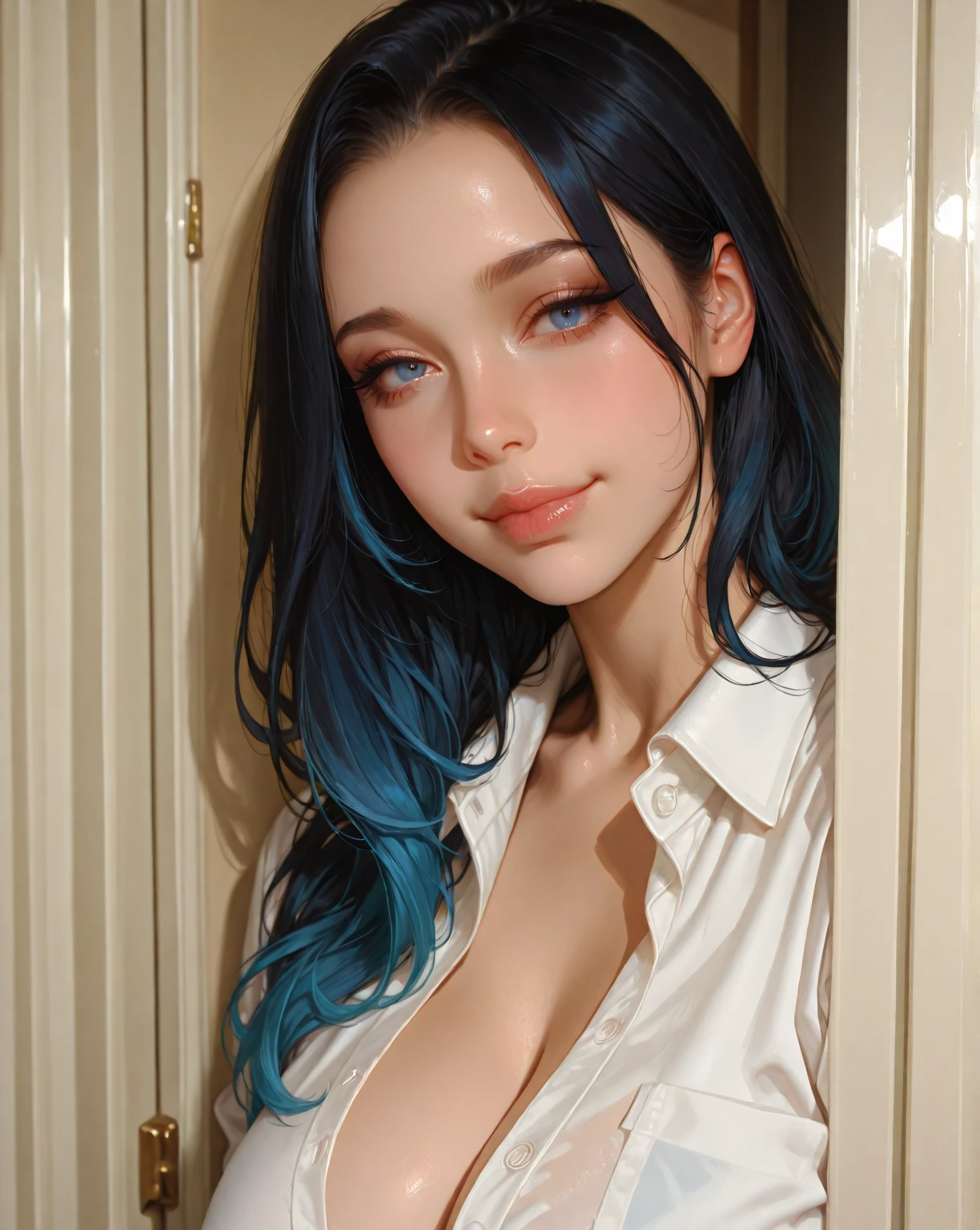 8K, Top Quality, Intricate Details, Ultra Detail, Ultra High Resolution, Masterpiece, close up shot, (full body: 1.1), Slender, Smile, (Makeup: 0.4), ((sexy pose,)), (Fluffy blue Eyes: 1.21), (()), 1girl, solo, 1 girl, ((blue hair, bangs, long hair )), close up shot, , ((tall)), (((fit body))), (((slim face))), sharp face, (( naked )) , (detailed face), sharp face, small lips, famine pose,
((, )), , ((,)), detailed face, detailed breast, , ((detailed nipples)), detail ass, Narrow Waist, Skinny, tall , 175 cm tall, Muscular, Navel, Exposed Abdomen, Pointed Chest,, Beautiful girl with accentuated slender abs: 1.4, Six Pack Abs: 1.4, Bust Botox, Big, Perfect Body, detail leg, (( dark background)), black background,