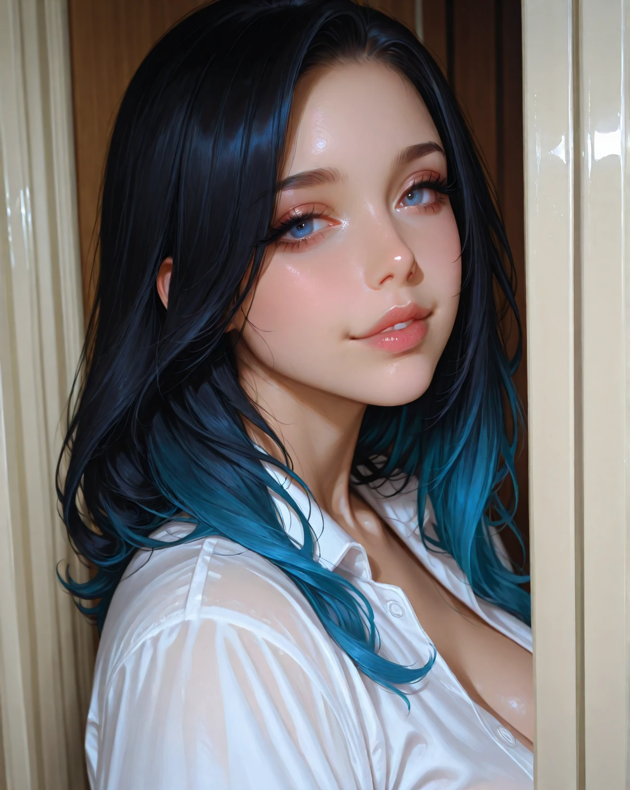 8K, Top Quality, Intricate Details, Ultra Detail, Ultra High Resolution, Masterpiece, close up shot, (full body: 1.1), (()), Slender, Smile, (Makeup: 0.4), ), (Fluffy Eyes: 1.21), (((( )))), 1girl, solo, 1 girl, ((blue hair, (long hair), (bangs), bangs,, , blue eyes,)), close up shot, , ((tall)), (((fit body))), (((slim face))), sharp face, ((, bodage),(bodage), (, ,)), (detailed face), sharp face, small lips, (( )), ,
((,)), , ((,)), detailed face, detailed breast, detailed breast, detailed nipple , ((large breast, huge breast)), detail ass, Narrow Waist, Skinny, slim tall , 195 cm tall, Muscular, Navel, Exposed Abdomen, Pointed Chest,, Beautiful girl with accentuated slender abs: 1.4, Six Pack Abs: 1.4, Bust Botox, Big, Perfect Body, detail leg, (( dark background)), black background,