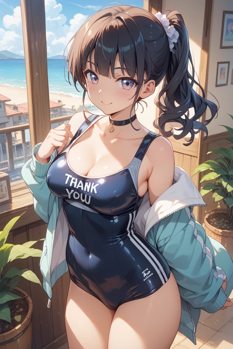 (Highest quality), (masterpiece), 1080P, High resolution, 4K, 8k, pink LIP, White, sit, classroom, ((White school swimsuit)), ((Bull's Ear)), thong, Black ruffles, Shooting from directly above, Sweat, ((double piece)), ((peace fingers)), Lock, chain, restrained, shackles, string, tie, To achieve this, ((~ side)), show your ~ side, Spread your legs, Nipples, Mid-chest, whole body, Embarrassed face, , Blunt bangs, Black Hair, bracelet, barefoot, Off the shoulder, leg up, heart, saliva, open mouth, tongue out