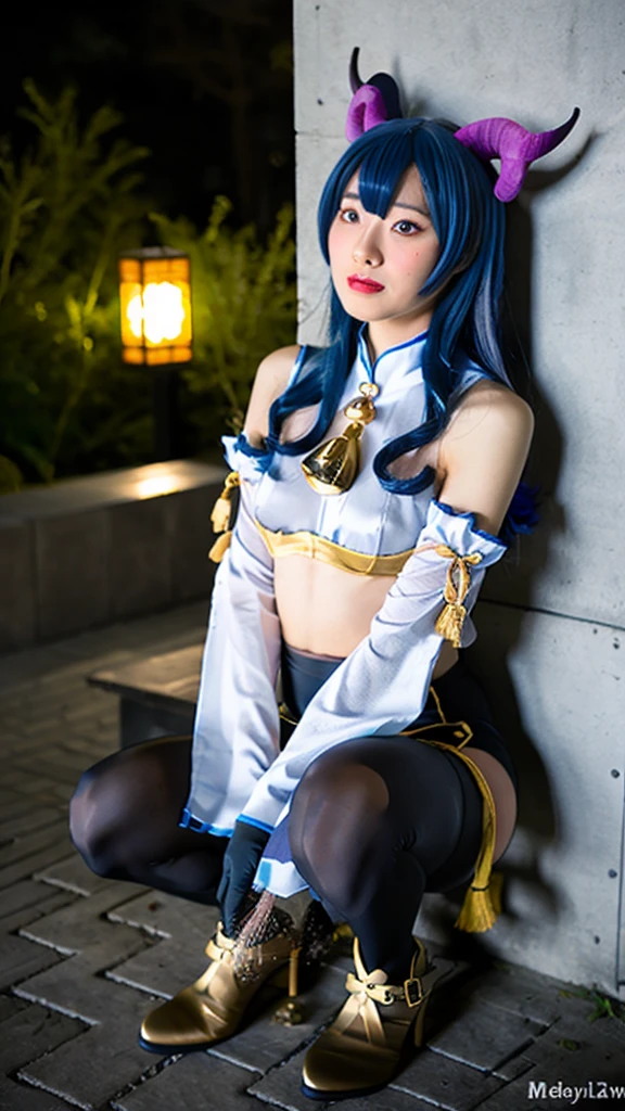 Ganyu,1girl,ganyu \(genshin impact\),horns,solo,blue hair,detached sleeves,gloves,orb,bell,breasts,long hair,bare shoulders,neck bell,looking at viewer,purple eyes,bangs,pantyhose,leotard,ahoge,thighlet,medium breasts,cosplay,sidelocks,cowbell,white sleeves,gold trim,indoors,bodystocking,blue gloves,leotard under clothes,blush,goat horns,cowboy shot,tassel,lips,black pantyhose,black gloves,bodysuit,hair between eyes,pelvic curtain,chinese knot,black bodysuit,flower knot,
best quality,masterpiece,illustration,an extremely delicate and beautiful,CG,unity,8k wallpaper,Amazing,finely detail,masterpiece,official art,extremely detailed CG unity 8k wallpaper,incredibly absurdres,huge filesize,ultra-detailed,highres,extremely detailed,beautiful detailed girl,realistic,<lora:Ganyu:0.8>,