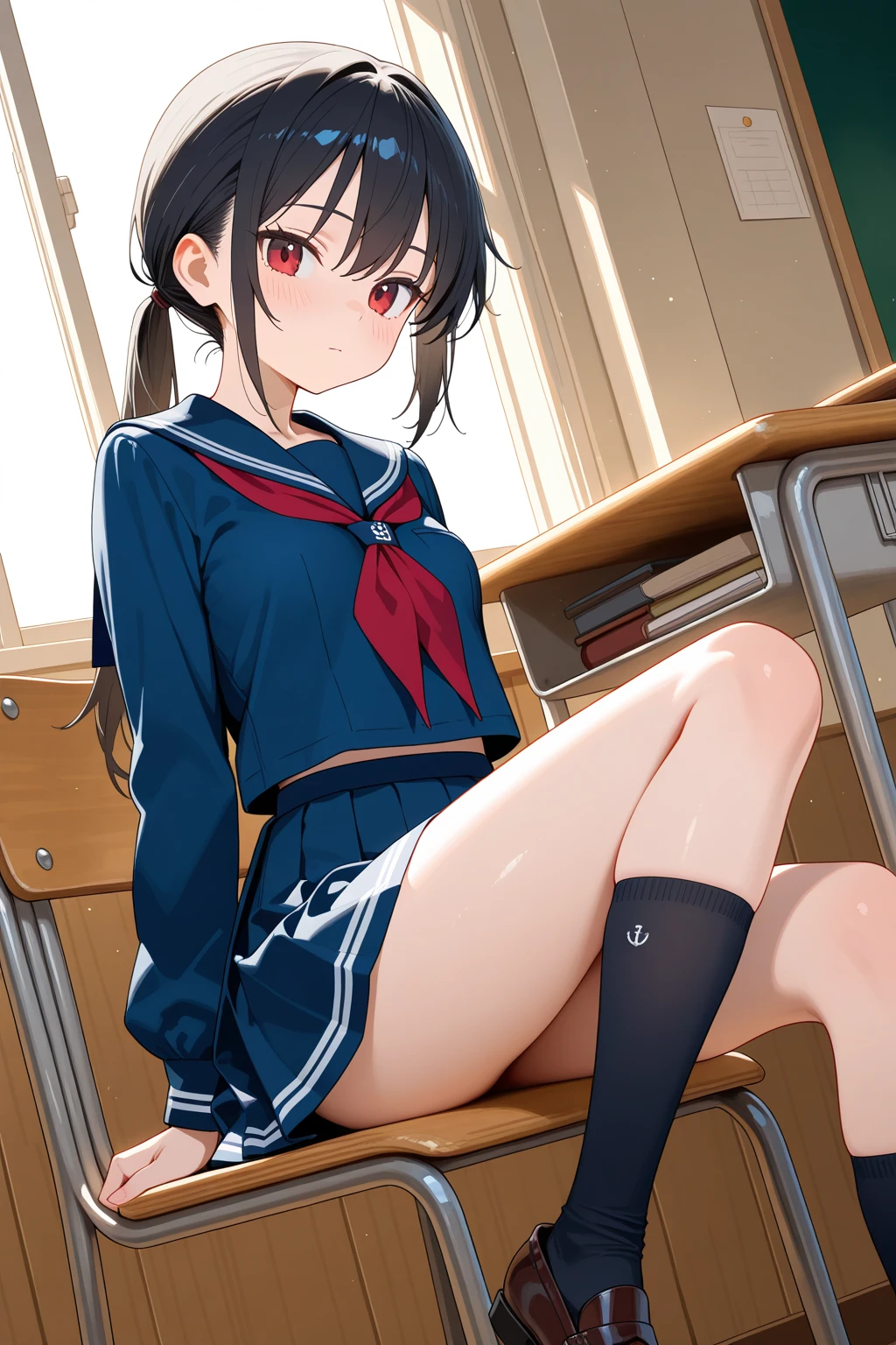 (Very detailed CG Unity 8K 壁紙),(masterpiece), (Highest quality), (Very detailed), (Best illustrations),(Best Shadow)、One girl、very delicate underwear、Delicate skin、Realistic textured underwear、front、Sitting at a desk、Spread your legs and show your underwear、Pull on your underwear strings with both hands、Underwear bites into、Camel Knob、School、Sailor suit、