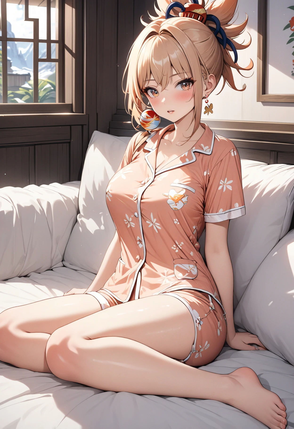 ((masterpiece)), (HQ), (4K), (high detailed), (((best quality))), (detailed face), (beautiful, cute, pretty girl), (slender 18yo teen girl), ((high ponytail)), (blushing:1.5), (white button shirt), ((bare collar)), ((((spaghetti strap pyjamas)))), (skinny waist), (skinny thighs), (wood cabin), (brown hair), (((view from top))), (((bare arms))), (((bare legs))