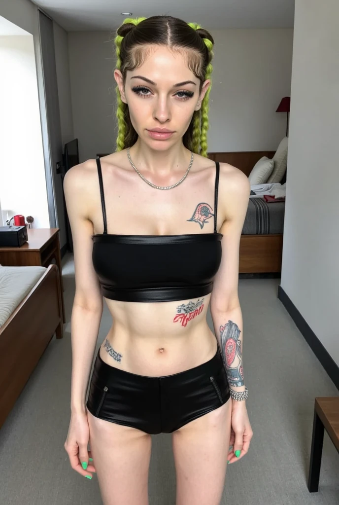 Photograph of an anorexic emaciated extremely skinny swedish female model, she is tall, show entire body of model from toes to head, she has a big smile, teeth are showing, she is sitting on a stool, she is covered in shiny glistening sweat, she is looking at the camera, her legs are spread apart, she is wearing a heavy 3 inch chain around her neck with a large heart shaped pendant, show breasts, show legs, small sized breasts, lace underwear, she is not wearing a top or bra, she has a colored ribbon in her hair, she has long pink hair, she has large shiny hoop earings, she has bright red lipstick, incredibly skinny body, extremely skinny body, emaciated body, tiniest waist ever, well-defined collar bones, well-defined hip bones, well-defined ribcage, extremely skinny arms and legs, weak and fragile body, masterpiece, anatomically correct, textured skin, super detail, high details, high quality, best quality.