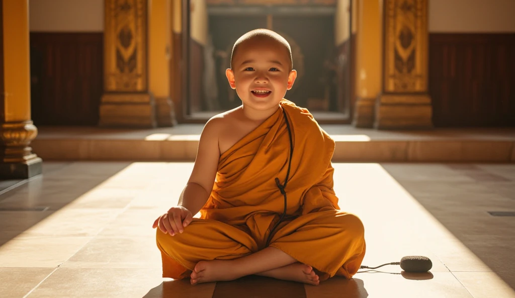 With a smile,Eyebrow beauty,Little monk without hair,Buddha sitting in front of the temple knocks on wooden fish