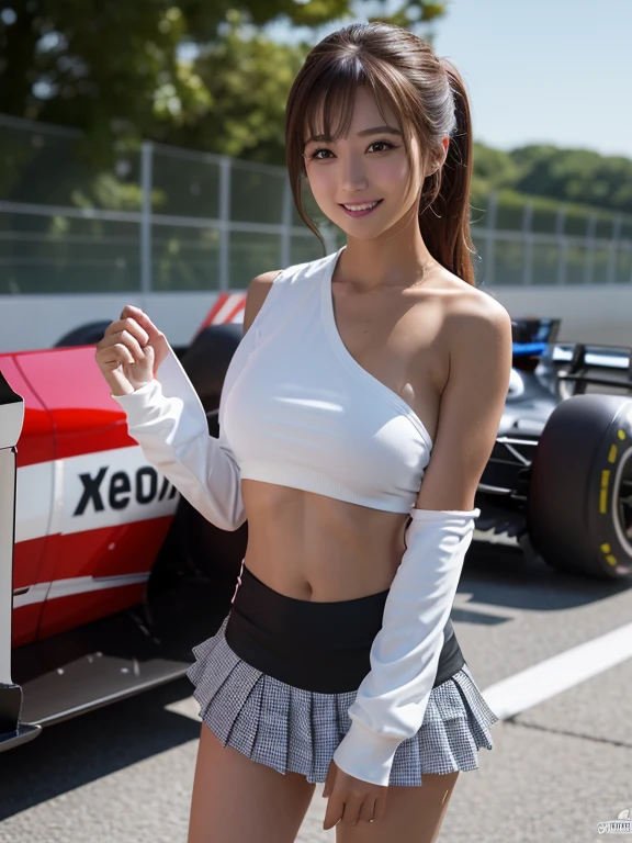 Masterpiece, Ultra High Definition, (Photorealistic:1.4), 8K, RAW Photography, Best Quality, Detail Shadows, Best Quality, Amazing, Fine Detail, Official Art, Absurdity, Soft Lighting, Sharp Focus, (Bokeh:1.5), Frontal Light, Bloom, Movie Lighting, Light on the Face, Look Viewer,Full Body
1 person, (Big:1), (cleavage:1.2), (Light brown hair:1.2), (Long hair:1.3), (Bangs:1.5), Very cute, (Narrow waist:1.8), (Abs:0.7), 23yo,(Clavicle:1), (Wide forehead:1), (Japan face:1.3), (drooping eyes:1.8), (Wide forehead:1.5), (Fair skin:1.5), (Clear skin:1.3),(Japan idol:1.3), ( Cute:1.3), (laughs:1.6), Grid Girl, (Race Queen), (Wearing a grid girl costume with sponsor's logo printed on it:1.4), (Colorful:1.5), (Standing in a motorsports race: 1.5), (Motor circuit: 1.5), Racing Car, (Skirt: 1.1), (Sleeveless: 1.8), Knee boots
Photorealistic
