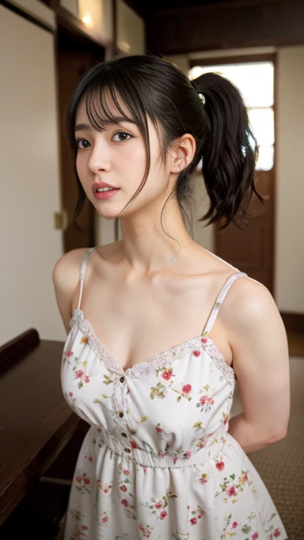 A super cute, tsundere, busty girl、The highest standard of ultra-high definition full-body photos、(Small face)、No makeup、Sexy lips、Chignon hairstyle、A see-through, girly shirt、Enchanting pleated skirt、Bust SizeＤcup、Waist SizeＸＳ、Mysterious River