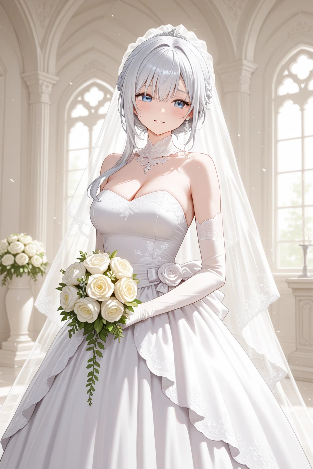 lexington, 1girll, Solo, view the viewer, Smile, Wedding dress, Bride, White dress, Bridal veil, standing, Upper body,(Long gray hair:1.2),(Elaborate Eyes),(eBlue eyes),