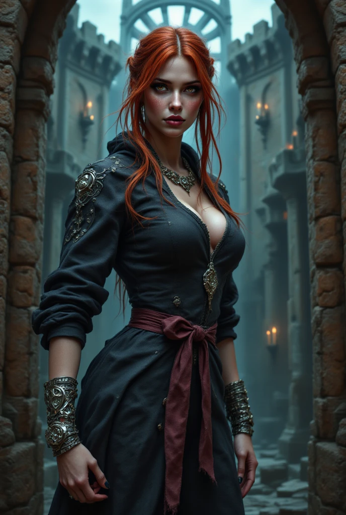 (best quality, hyperdetailed photography:1.2), beautiful lady, freckles, gothic dark makeup, soft light, perfect breast, cover, (detailed beautiful face, detail skin texture, ultra-detailed body:1.1) sexy vampire girl, red eyes, perfect body, skull, blood, (, showing teeth,), full leather cloak, dress, looking back, backside, POV from back,
