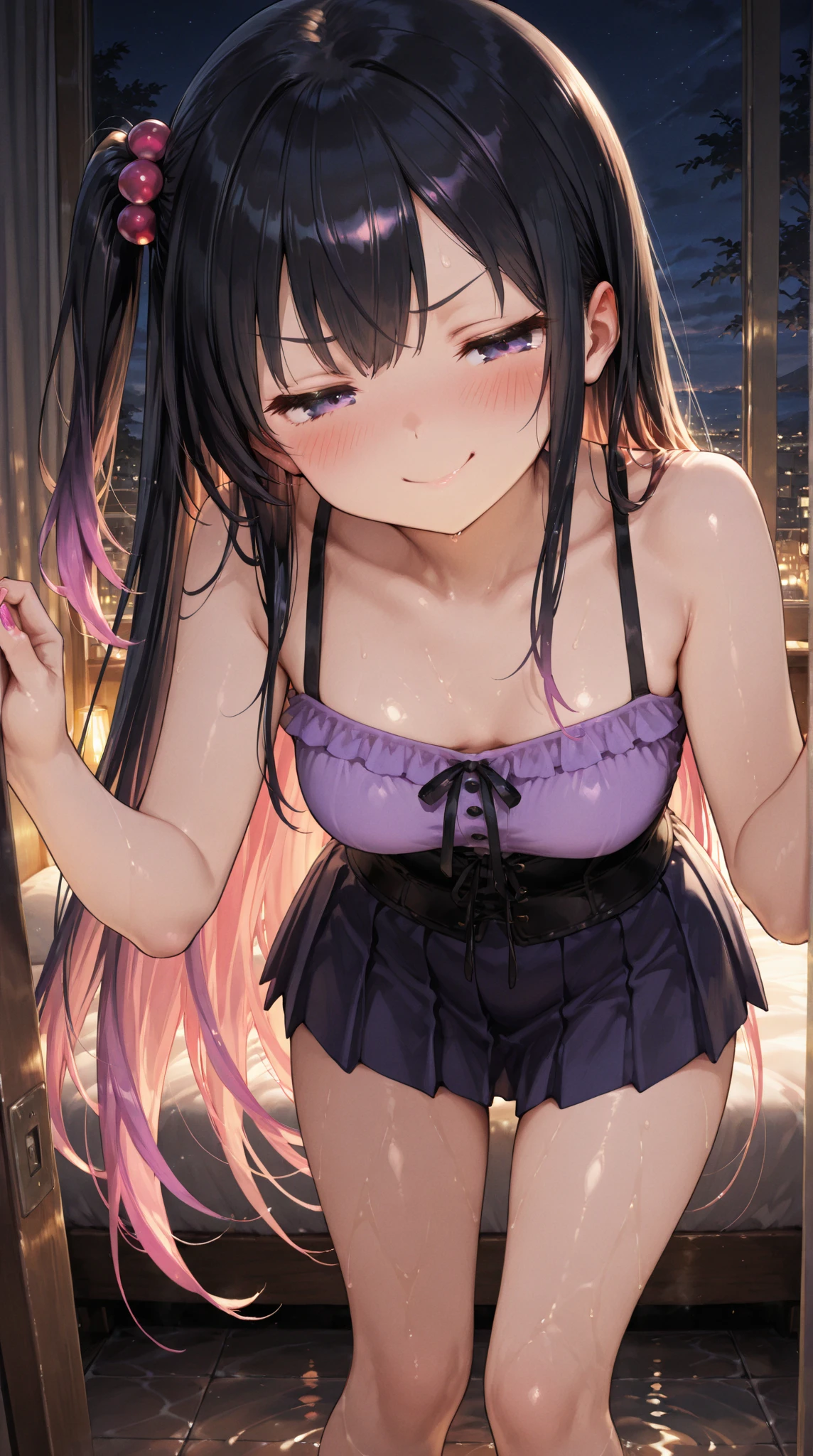 Detailed Background, masterpiece, Highest quality, smile, ornament, Sheer black camisole summer mini dress, Portraiture, Yellow Neon, graffiti, dark, night, Glowing Eyes, Black light((Toddler girl)) ((5 years old))((naked)) ((nsfw)(Clothes open to reveal breasts))((Her clothes open and her vagina is visible))