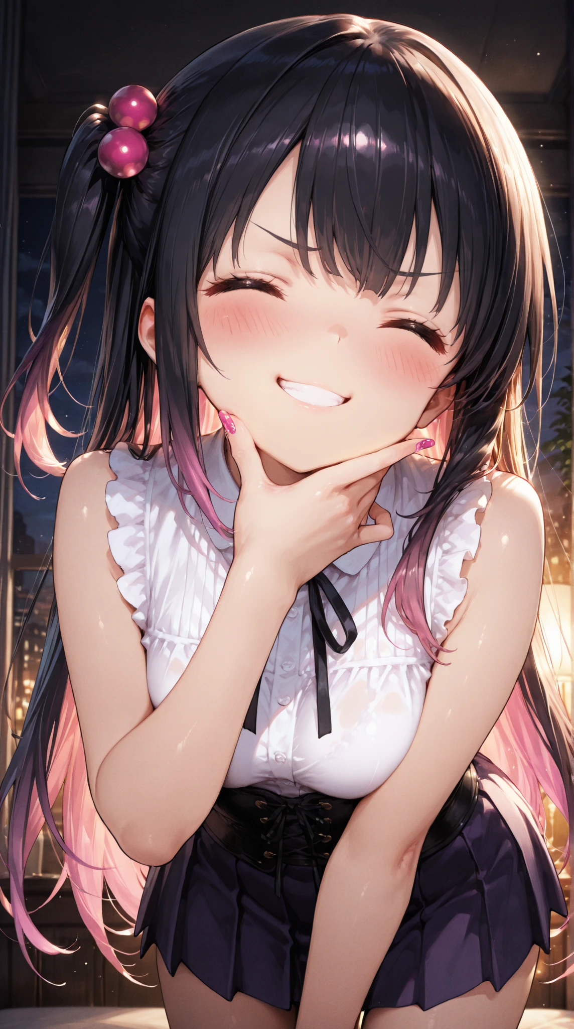 Kneeling,side view,face focus,open mouth,tongue out,cum on tongue,Licking a white dildo,,handjob,(1girl,Beautiful 14 year old girl),((Slender,Small breasts,Baby Face,Small face,)),looking at viewer,Black Hair,bangs,two side up,Gray Eyes,Drooping eyes,slit pupils,narrow eyes,ollarbone,white t-shirt,bare shoulder,Denim mini skirt,Beautiful and detailed anime art,Mischievous smile,Dimly lit room,Simple Background,Gray background,Low lighting