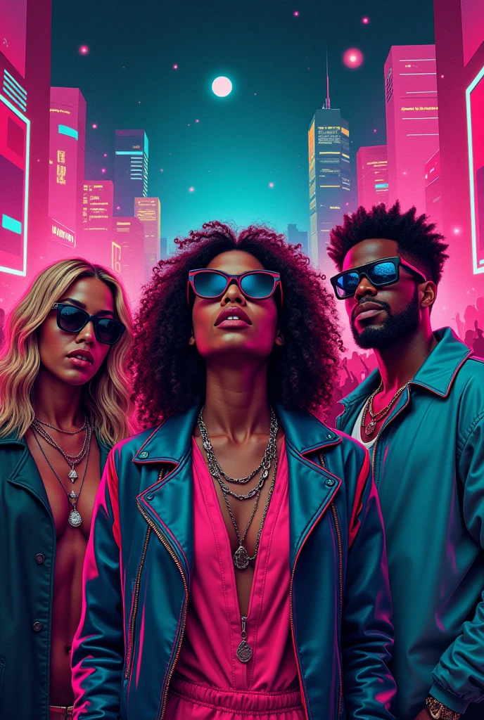 [Subject: Diverse Cyber Retro Punk Group in Futuristic City] A high-resolution, cinematic image of a diverse group of men and women in a neon-lit, cyber futuristic city. **Character 1**: A fit woman in a high-tech bodysuit with glowing seams, wearing augmented reality glasses as a headband. **Character 2**: A blonde woman in a wheelchair, wearing a creative futuristic outfit with digital patterns. **Character 3**: A bold black businesswoman in a metallic power suit with augmented reality glasses. **Character 4**: An Asian woman with pink hair and robotic implants, dressed in a creative cyberpunk outfit with glowing elements. **Character 5**: An old punk retro lady in a studded leather jacket with LED inserts. **Character 6**: A middle-aged man in a military jacket with cyber enhancements. **Character 7**: A young man in a retro bomber jacket with neon trims and a robotic arm. **Character 8**: A non-binary individual in a holographic poncho with a cybernetic leg. **Fantasy Pet**: A small, hovering robotic pet resembling a mix between a dragon and a cat, with glowing eyes and metallic scales. The scene is set in a vibrant, cyber futuristic cityscape with neon lights, tall buildings, and digital billboards. The overall atmosphere is powerful and inclusive, with a strong emphasis on creative, futuristic fashion. [Lighting: Neon city glow] [Camera: Group shot] [Resolution: 8k, hyper-realistic] [Style: Cyber retro punk, diverse and inclusive, creative futuristic fashion] [Inspiration: Cyberpunk, retro-futurism]. 