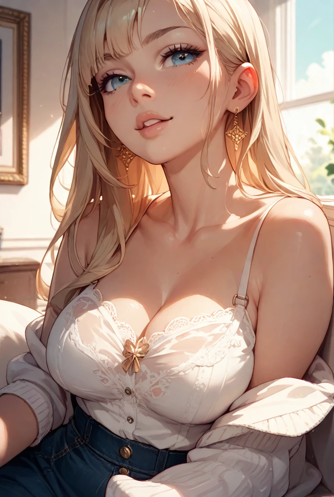 Masterpiece, Best quality, finely detailed, 1girll, (Blonde), Cute, (Green eyes), (eyeslashes), (Huge breasts), (décolleté), (White shirt: 1.2), (Open shirt), sitting in the couch, lamp lights, window, Night, delicate interior design,Masterpiece, Best quality, An extremely delicate and beautiful girl,An extremely delicate and beautiful theatrical masterpiece, Ultra-detailed, Highly detailed, Best quality, Blonde hair, A high resolution, Extremely detailed, 1girll, Best quality, illustration, view the viewer, impasto, canvas, oil painted, Realistic, Realistic, Real, Bigboobs