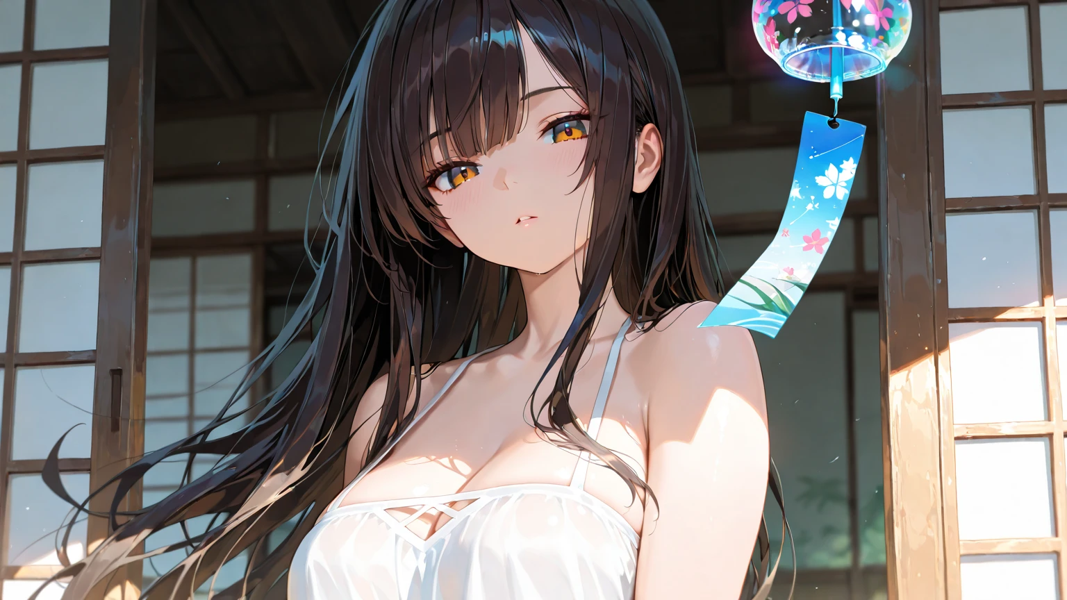 Black hair long straight　Straight Hair　Smooth and straight hair　Straight bangs　Cross Halter Bikini　Seaside hotel　balcony　night　moonlight