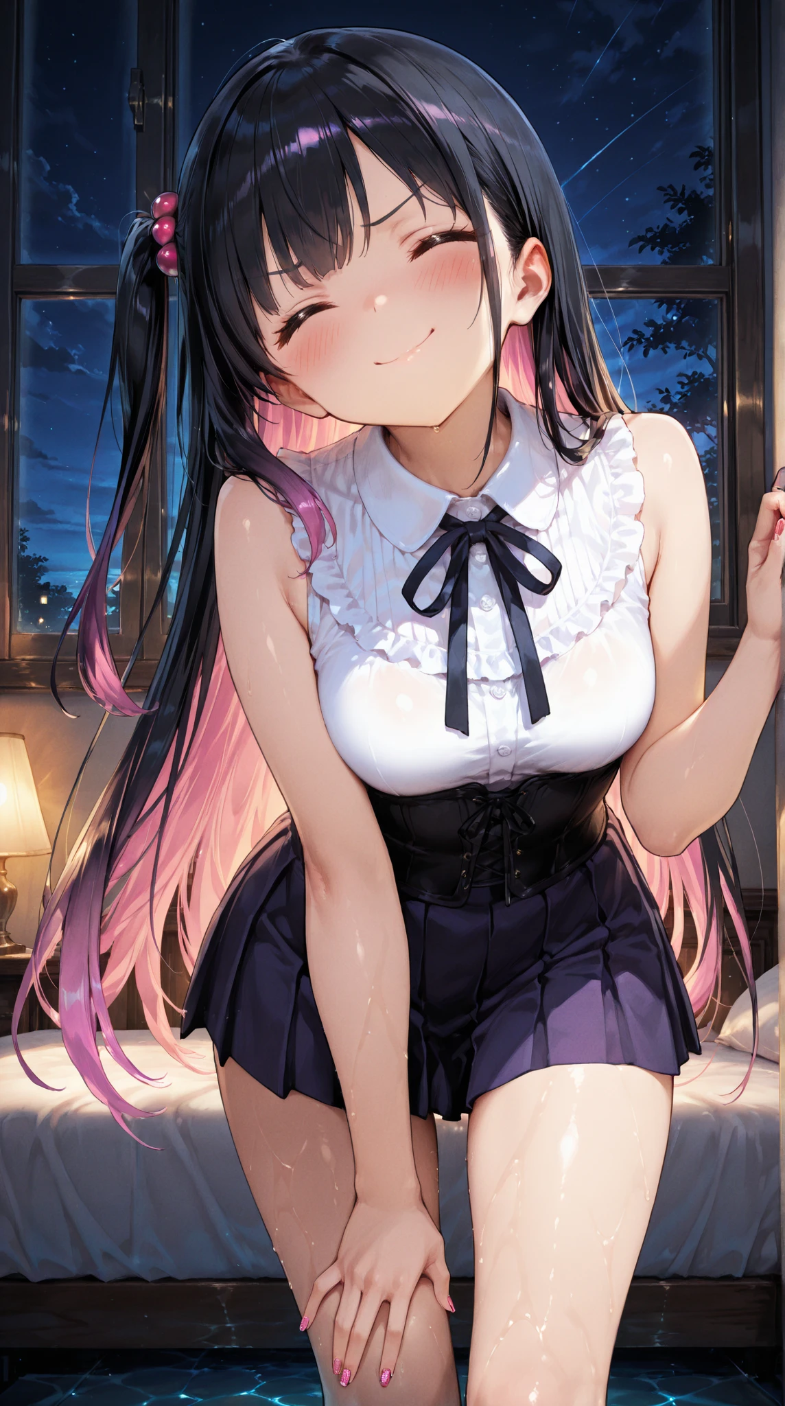 young woman、smile、((Straight long hair))、Blushing、((masterpiece、High resolution、16K))、((Very close to me:1.5)、(Focus on the upper body:1.5)、((Lift your skirt up to me、Show me your panties))、((See-through panties with frills))
