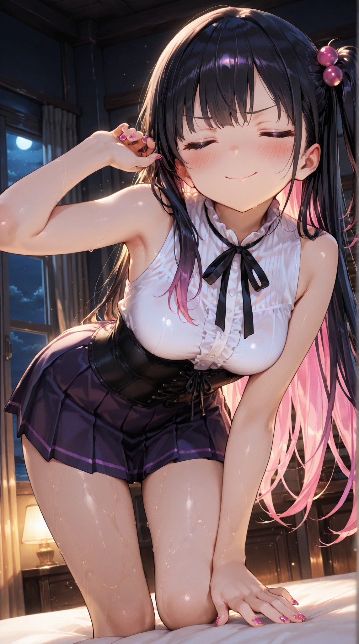 Masterpiece、最high quality、high quality、High definition、High resolution、High detail、Lens flare、Ray Tracing、high qualityのテクスチャー、high qualityの影、Beautiful details、Detailed explanation、Detailed texture、Realistic facial expression、Realistic and colorful、Slender、Cinematic Light、Side light、Sharp Focus、(1 Girl:1.3)、(Intricate details、Makeup、Pure Eros Face_v1:0.5)、(Details Beautiful delicate face、Detailed beautiful delicate eyes、Perfect Facial Proportions、Detailed skin、Charm)、Frustrated expression、Fancy Twin Tails、Beautiful bangs、(Two-tone gradient hair color)、slender、(Upturned beautiful breasts)、(Detailed crotch、Open crotch、Showing off your crotch)、Female juice、Experiencing orgasm、(Spread your knees and open your legs)、(Raise your arm and make a peace sign)、white open front dress shirt、Crop top、Thighs、mini skirt、Flip up、High slit、Navy blue socks、sneakers、Low-angle composition、(Take a deep breath、Work on this image step by step)