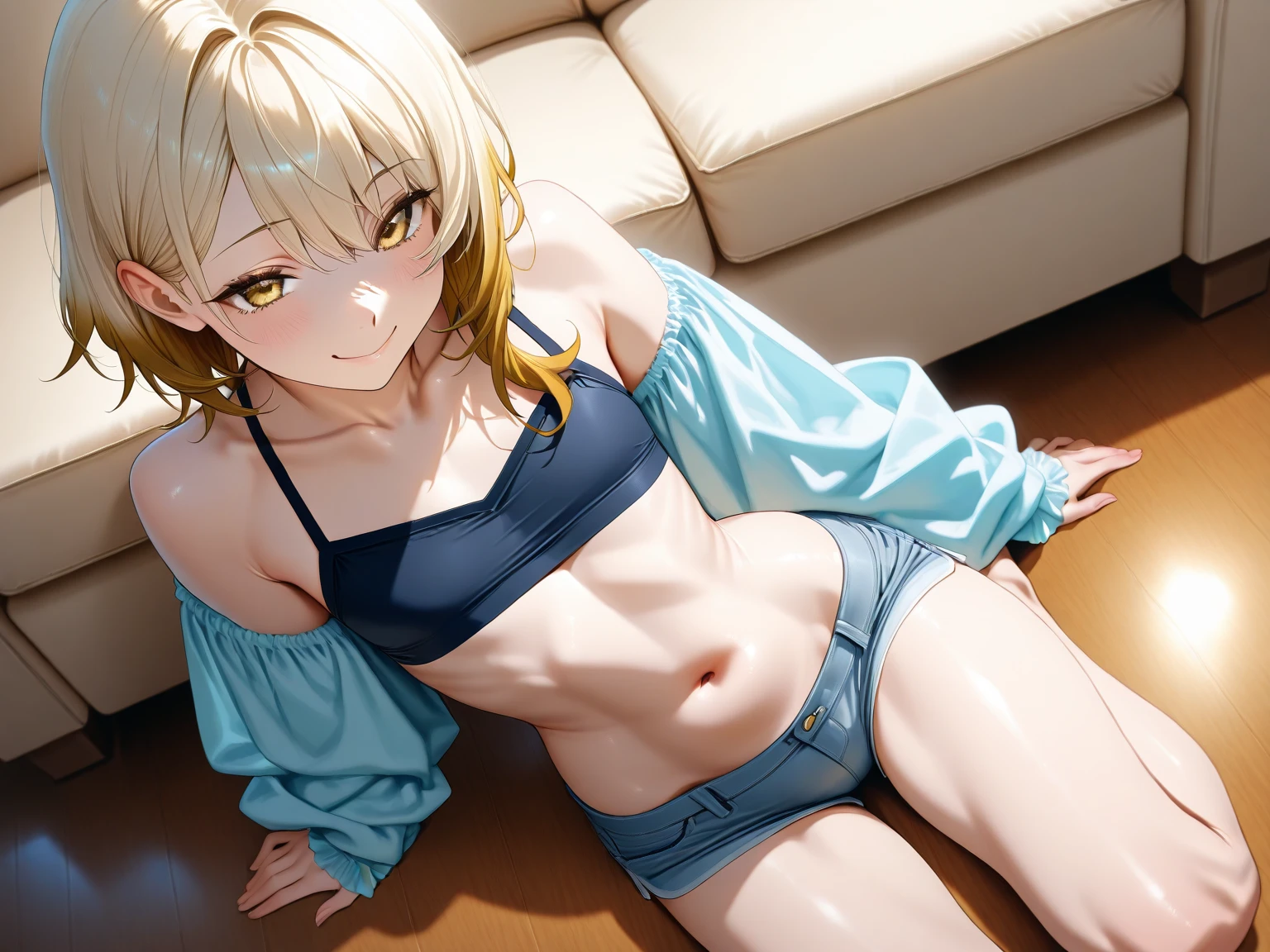 anime styled。illustratio。NSFW。Fantasia。White feathers。girl with。Blue eyes。is in estrus。a blond。White underwear。String panties。Autumn foliage。Shorthair。asymmetrical bangs。Average size。flank。teats。a miniskirt。Shy。Straight-backed and chested posture。red blush。M-shaped legs。is crying。Spread your legs wide and straddle the chair。Hands behind your back。Looking at the camera。 Show off your panties。Low position shooting。pantie shot。 Close-up in panties。 nipples protruding from clothes,。Leaking pee。Panties are wet。