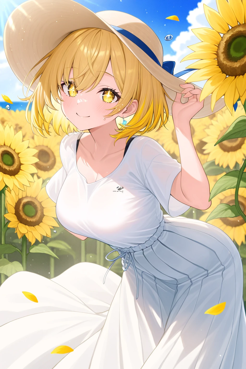 1 girl， (((raised high huge round buttocks))), Wide  A sunflower field in full bloom，Back view of a woman in Translucent white thong (underwear),long shot,wide view, commercial photography，award-winning photograph，(photorealistic),unity 8k wallpaper,(ultra detailed:1.3),(light_on_face:1.4)，CanonEOS 5D MarkIV DSLR