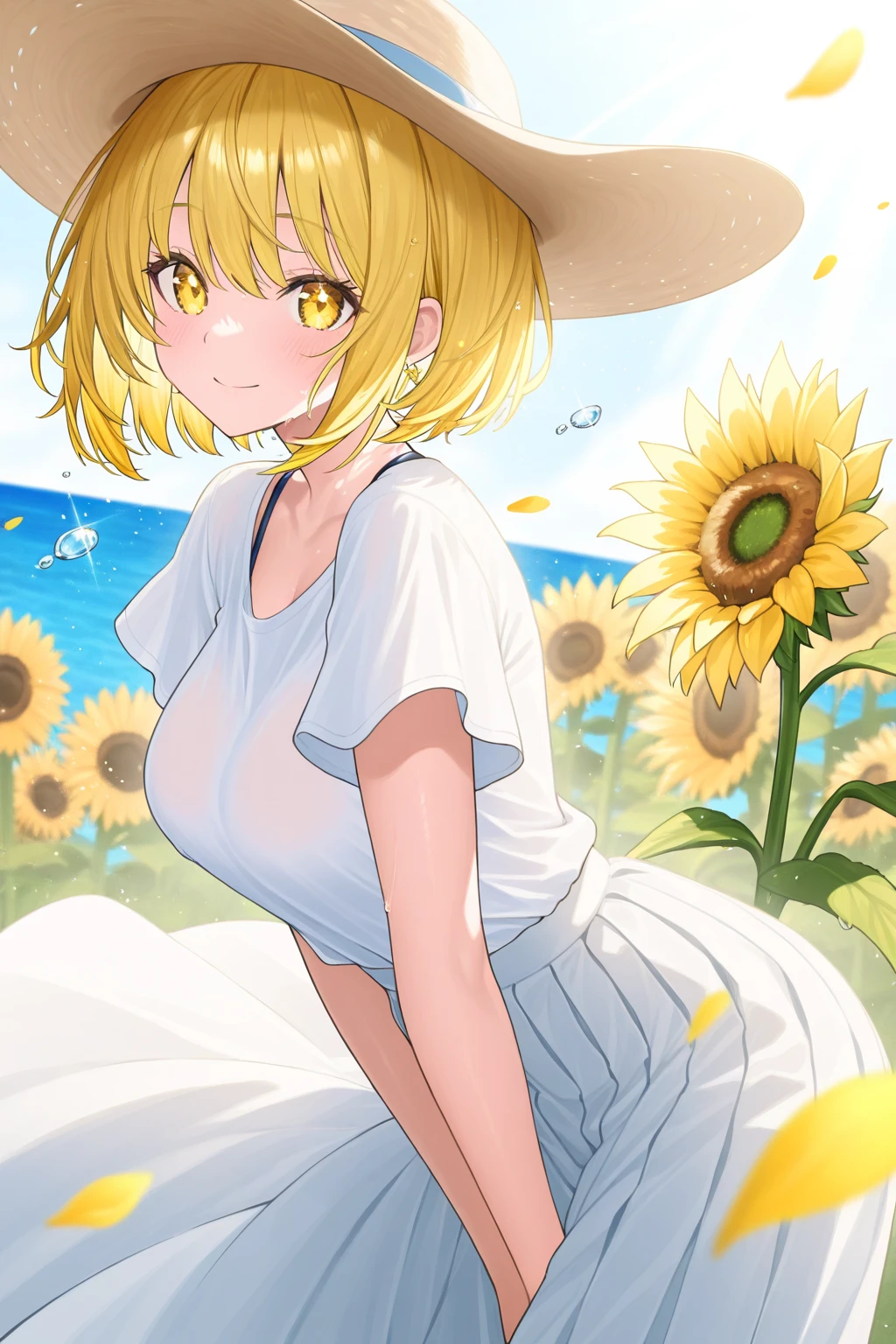 1 girl, ((raised huge round buttocks)), Wide A sunflower field in full bloom,Back view of a woman in Translucent white thong (underwear),long shot,wide view, commercial photography,award-winning photograph,(photorealistic),unity 8k wallpaper,(ultra detailed:1.3),(light_on_face:1.4),CanonEOS 5D MarkIV DSLR