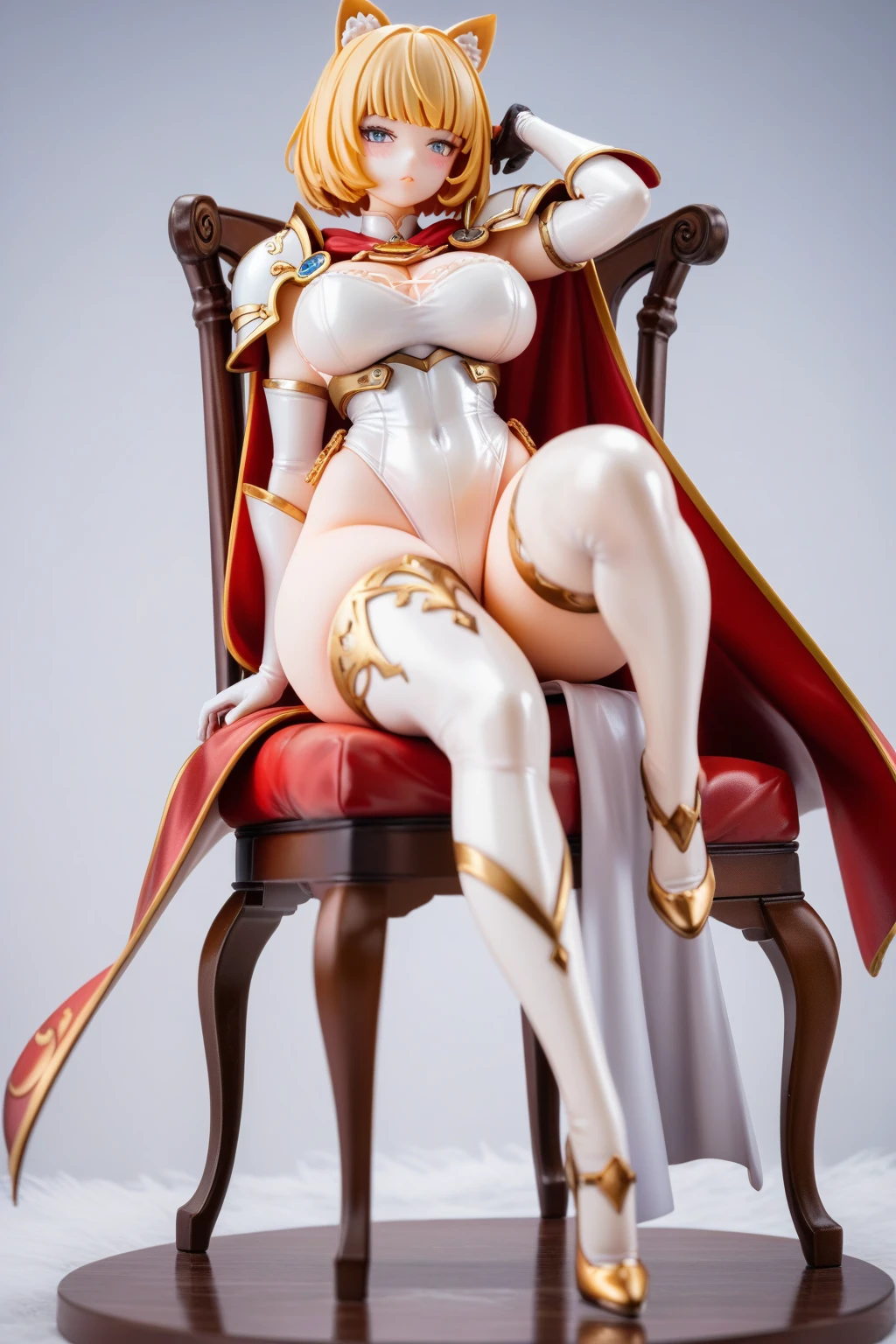score_9, score_8_up, score_7_up,cowboy shot, MaleniaDef, helmet, covered eyes, single mechanical arm, prosthesis, naked, nipples, full body shot, barefoot, majestically sitting on a wooden chair, lounging, graceful, simple background 