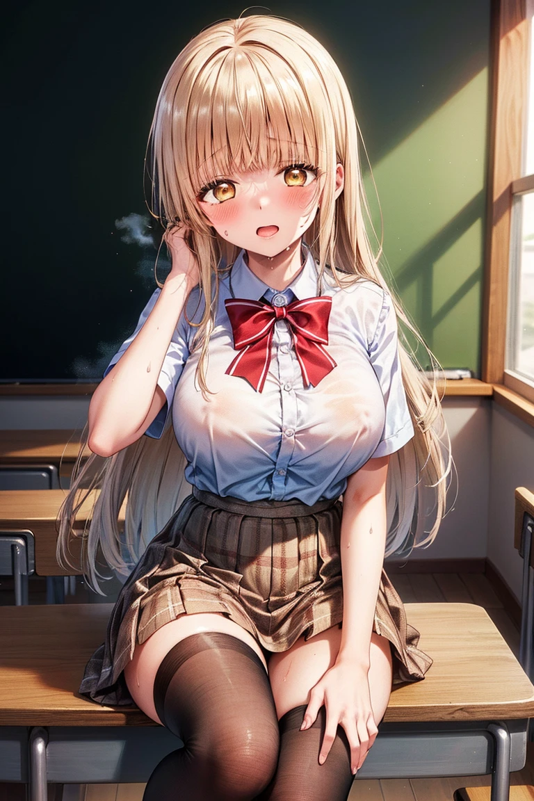 masterpiece, best quality, nsfw,
1girl, summer , plaid skirt, yellow hair, ponytail, smile, from front,
(wet body:1.2), classroom,