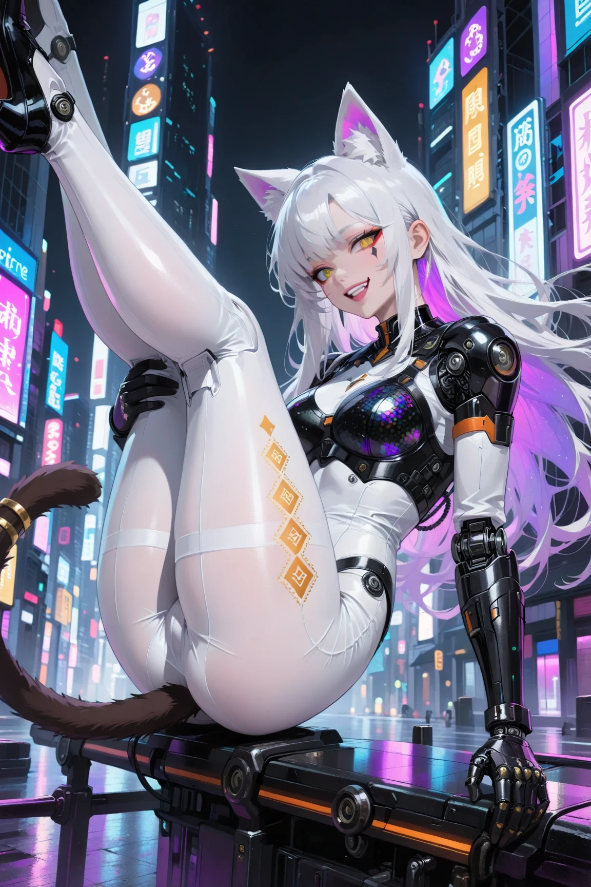 (Cool policewoman.Well-formed face.Tall.A very muscular, thin body.Beautiful six pack abs.Big eyes.Beautiful blue eyes.White Hair.Boyish medium-long hair with a center part.I can see your forehead.Heavy eye makeup.Dark lipstick.Tight waist.Very large breasts.Very large breastsの谷間.Beautiful pale pink areola.Firm skin).(A small, see-through white leotard.Nipples are visible.Black leather boots with lots of belts.Cat Ears).(Skyscraper rooftop.Futuristic City.Late Night.I can see the city at night.sitting on a marble chair.With legs apart.My hair is blowing in the wind.Smiling thinly.Sticking out tongue)Perfect Face.Accurate human body.Accurate 5 fingers.High resolution.Full body image