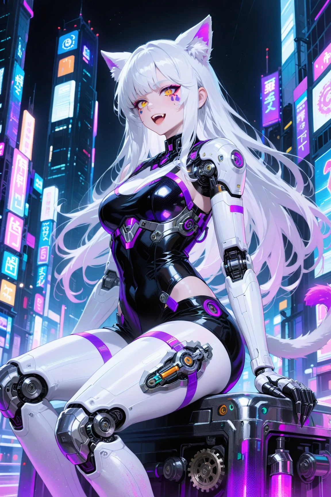 (masterpiece),(best quality),extreamly delicate and beautiful,illustration,((perfect female figure)),mature female,1 rider girl,i:p masquerena, bodysuit,black very long hair,twintails, purple eyes, cyberpunk city background,cat ears helmet,
 <lora:ipIPMasquerenaIP_ipv10:1>