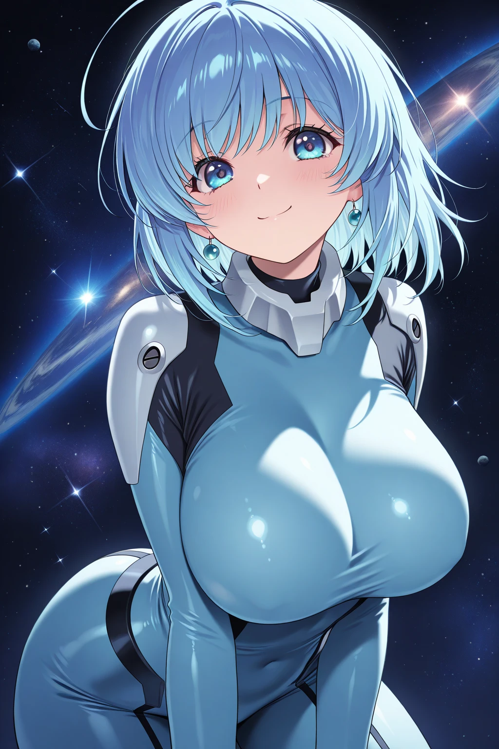 1girl, blue hair, very short hait, blue eyes, light skin, light-skinned female, hourglass figure, large breasts, lightsaber, sword, standing, full body, ((full_body)), pilot suit, bodysuit, white bodysuit, neon, neon trim, neon light, machinery, futuristic, smile, science-fiction, tech, pixie cut, light smile