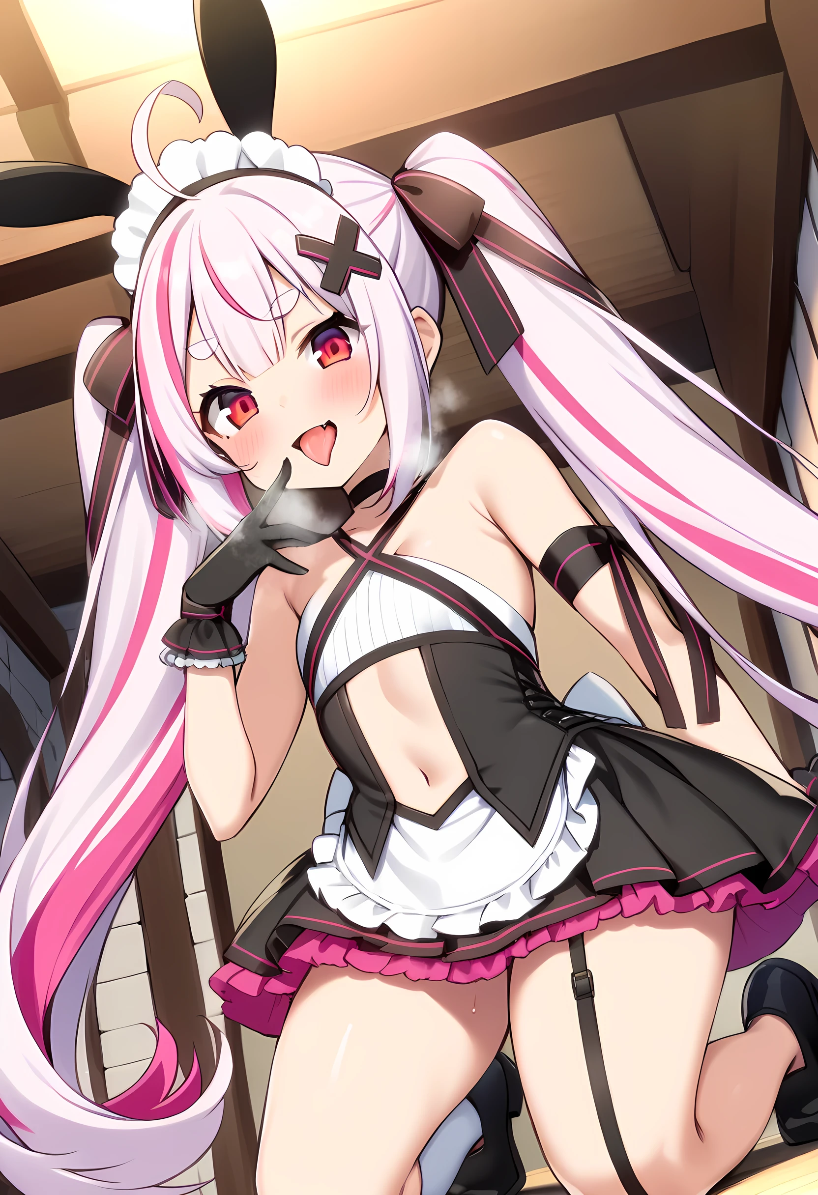 score_9_up,score_8_up,score_7_up,score_6_up,score_5_up,score_4_up,tomari mari, 1girl, virtual youtuber, rabbit ears, long hair, twintails, very long hair, pink hair, two-tone hair, multicolored hair, streaked hair, ahoge, thick eyebrows, short eyebrows, red eyes, a single fang, flat chest, (curvy), x hair ornament, hair ribbon, black ribbon, white headdress, black choker, criss-cross halter, white crop top, yellow necktie, black corset, waist apron, frilled skirt, black skirt, black gloves, frilled gloves, garter straps, single thighhigh, white thighhighs, black footwear,(licking your finger),(((kneeling))),in heat,(((mesugaki))),(smile),open mouth,tongue out,(heavy breathing),indoor,in the woodhouse,angle from below,looking at viewer,Close up to girl,