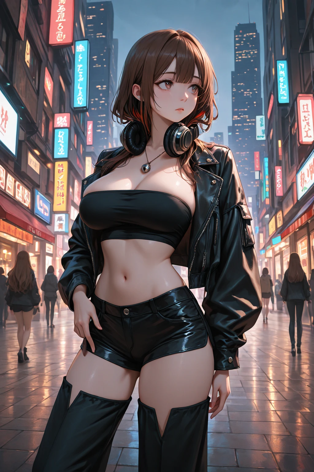 (((Masterpiece))), best quality, ultra-detailed CG unity 8k wallpaper, cyber city, tokyo, big future city at night. (1girl, solo, alone), large-breast:1.2 slim:0.8 body, medium hair, cleavage:1.1, sexy micro laced lingerie with jacket, (black sunglasses), ((she raised a pistol:1.8 and shot the viewer)), running pose, ((half-body thigh:0.95 level medium shot)), cinematic lighting, lens flare, ray tracing.