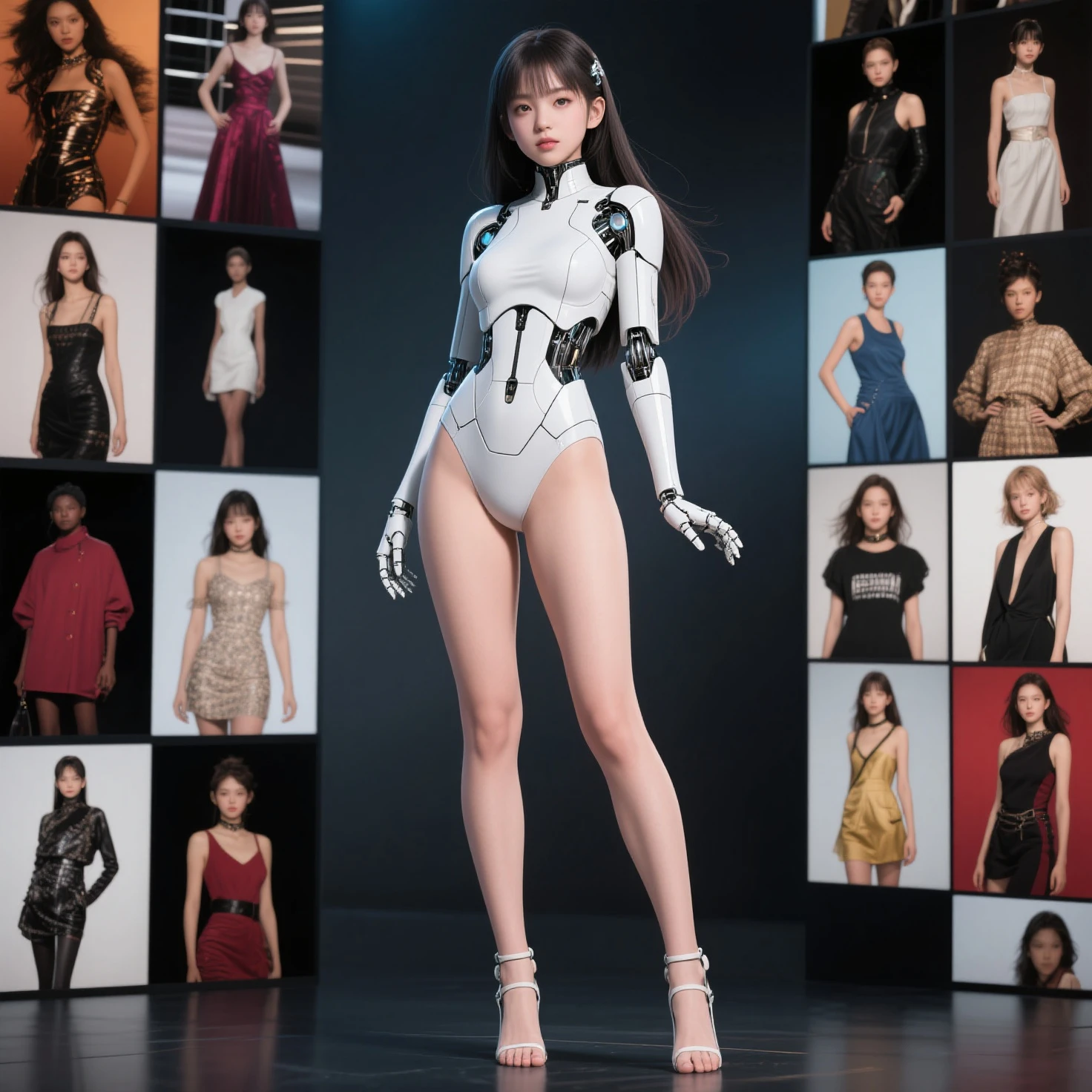 A tall and beautiful Chinese girl,with fair skin,Coiled hair,Qi bangs,Wear one-piece swimsuits and heels in a variety of colors,Stand up straight,Stand upright,Symmetrical distribution,Ray traching