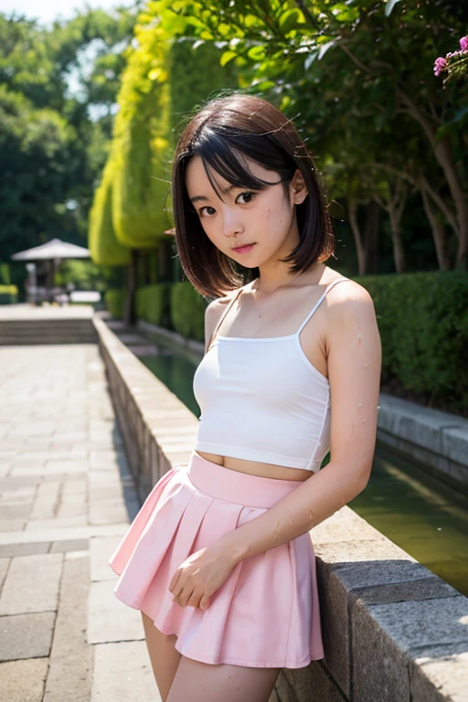 8k,Japanese,9 years old,Childish,Innocent face,Innocent look,Teenage Girl,cute,spring-like clothes,Spring weather,Casual wear,Black Hair,Riverside Park,Sitting,Thighs,Décolletage、Absolute area、Thighsの付け根、Chest、Knee-high socks、Her belly button is visible、I can see your tummy、Open、Light clothing、Fluttering