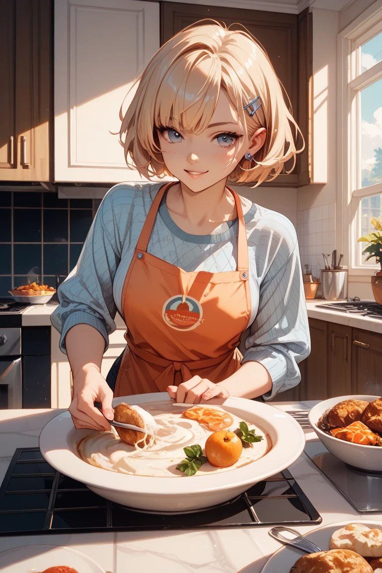 {{{Masterpiece, highest quality, high resolution background}}}, bright and beautiful atmosphere, 1 girl (2 years old, 1 short-tempered round face), small breasts, pudding on a plate in the kitchen, squatting over pudding A girl looking in, holding a spoon in her right hand, "deltamon_sdXL :0.73) >Deltamon"