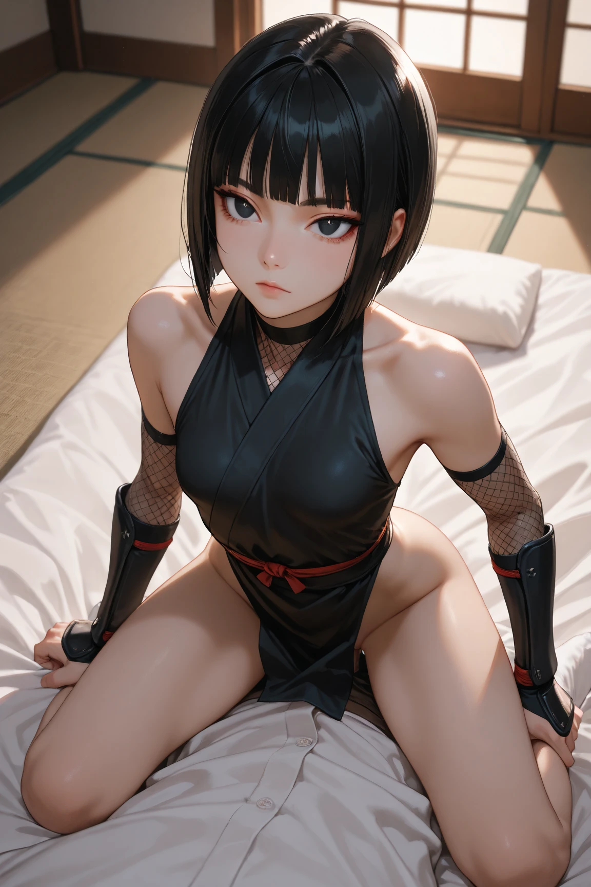 from below:1.3,Focus on the groin、((masterpiece, highest quality:1.3)),cowboy shot,14 year old beauty,solo,((very small head)),((long body)),blonde hair,((very short hair)),double bun, flat chest,slender body,skinny,shiny skin,oily skin,sweat,wet,shy、Love juice、sitting,spread legs、bikini、sunny、kneeling, Posing on all fours, Hip Rise, Standing ass