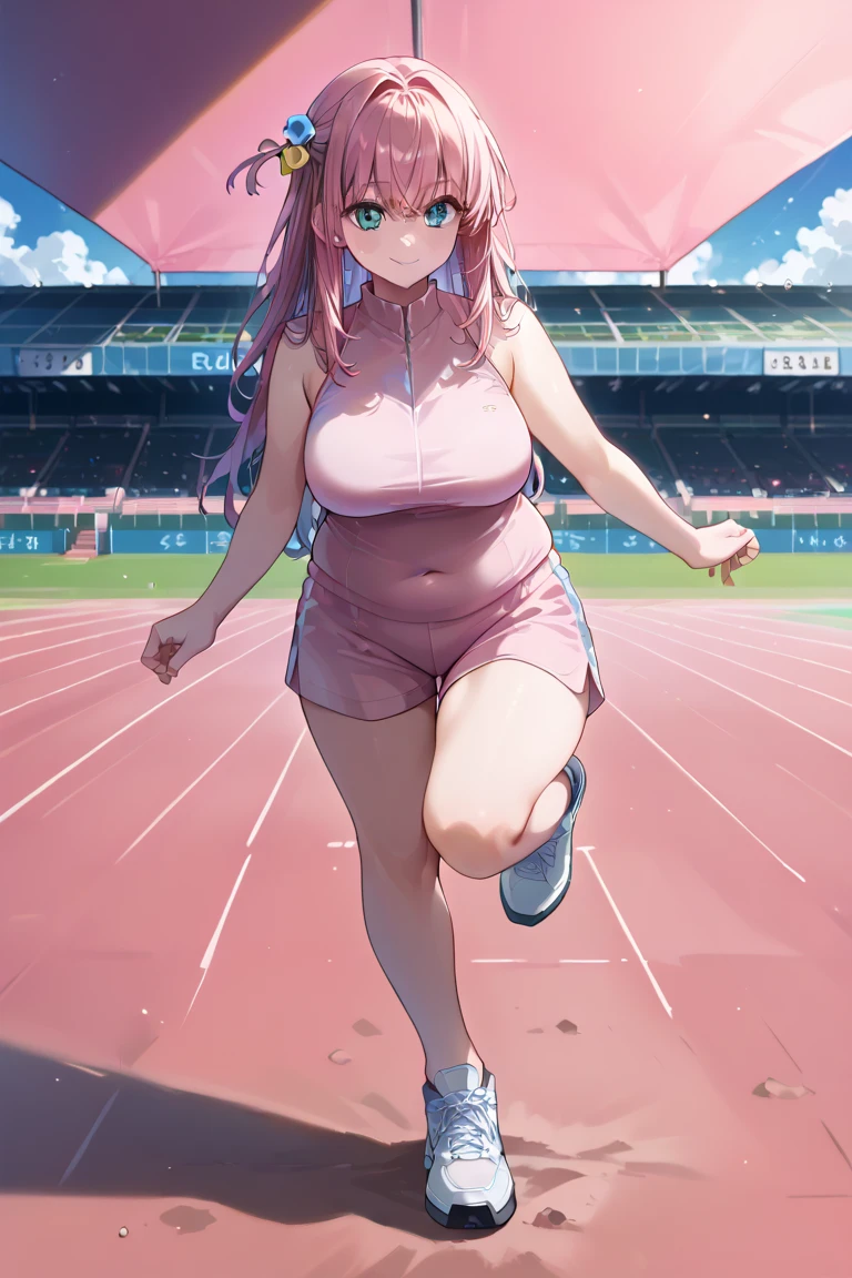 1 girl，Pink Long Hair，Track and field suits，The barefoot，Extremely huge，Inside the stadium，sweat profusely，Plump body，Thigh thick，nabel