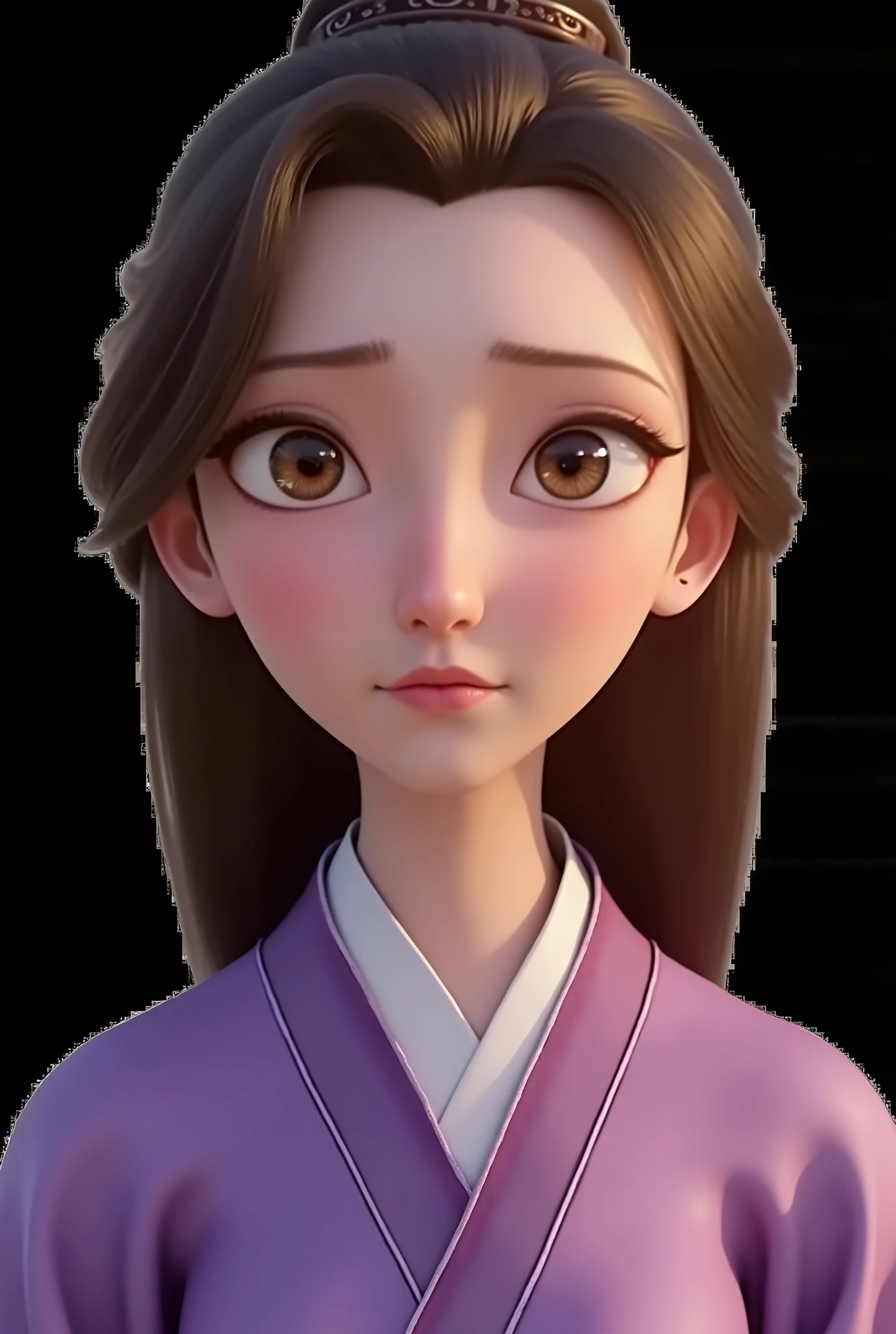 A girl, long wavy and falling brown hair, brown hazel eyes, calm sharp features, white skin, a glimpse of light cherry lip gloss, beautiful, perfect, accurate, wearing a Hanfu dress with purple sleeves, bright and clear colors, high quality resolution .
