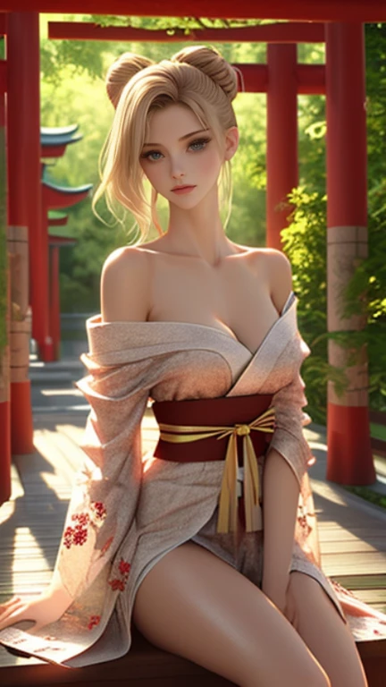 Elle Fanning, open kimono, beautiful eyes, medium breasts, sensual, super realistic, well detailed face without distortions, epic image in best possible resolution, 8k, very realistic, depth of field, a work of art, full body, do not show your hands or leave them covered.