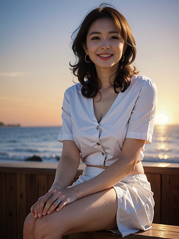 (Highest quality,masterpiece:1.3,Ultra-high resolution),(Very detailed,Caustics,8k),(Realistic:1.4,RAW shooting),Japanese,23 years old,cute,Put your finger on your lips,Are standing,(Big smile),(Looking into the camera),Black Hair Medium Hair,Big Breasts,White blouse,Knee-length skirt,Strong winds,Hair blowing in the wind,Coastal,Backlight,sunset,sunset sky,(Full Body Shot),(Face Focus:1.1),Natural light,